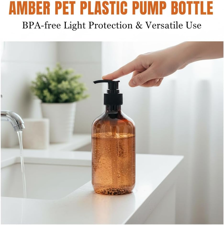 Brown Plastic Pump Bottle for Shampoo and Soap Dispenser, Refillable and Reusable 17Oz/500Ml 2 Pack - Abvian