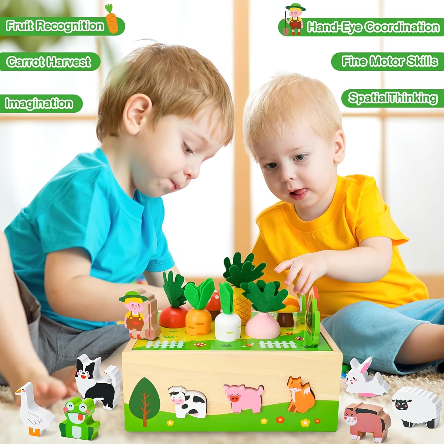Toddler Montessori Toys Age 1-3, Wooden Educational Farm Play Set, Catching & Shape Sorting Car, Birthday 1 2 Year Old Boys Girls image number 3