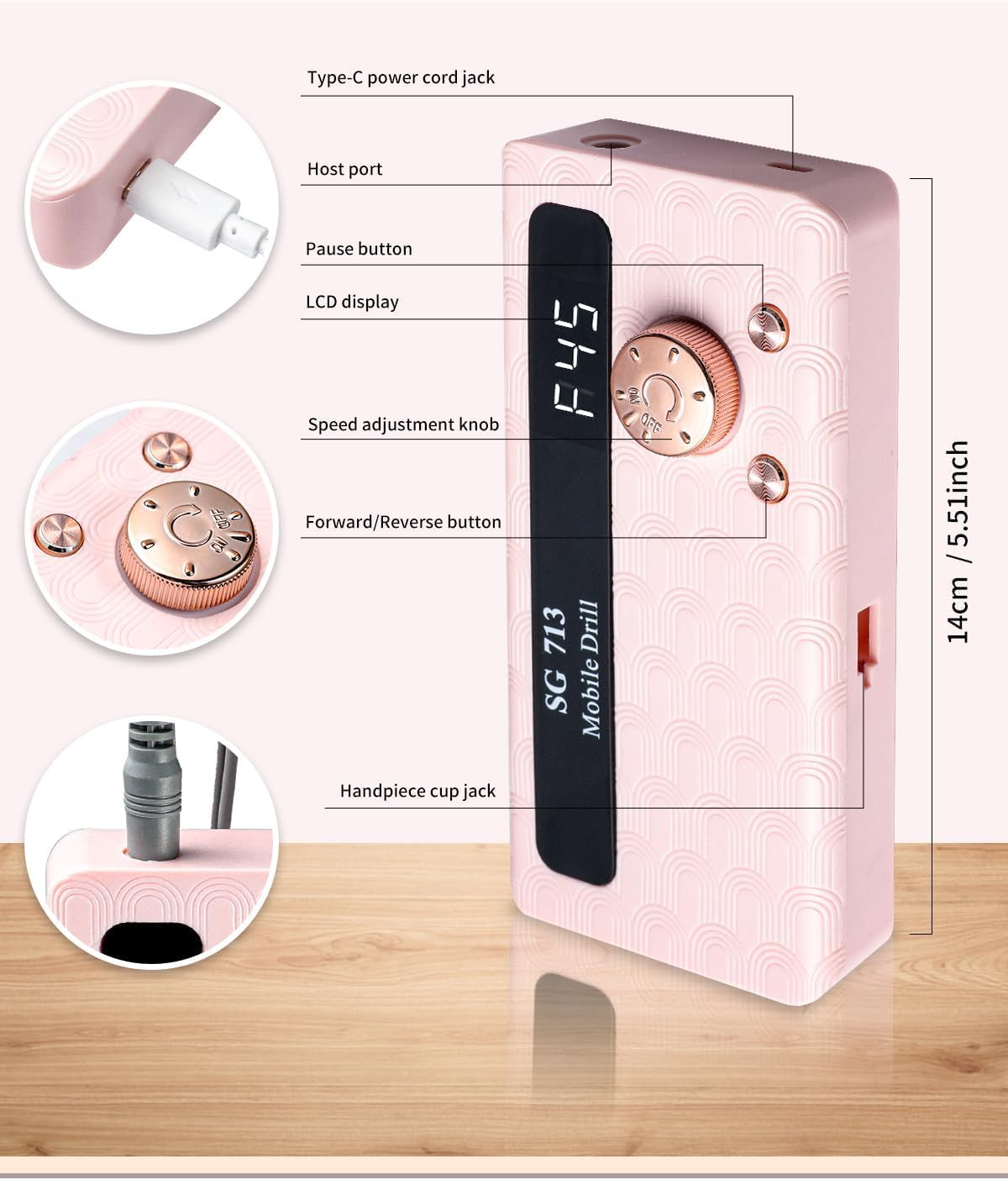 Yisis Professional Electric Nail File Kit - 45000RPM Rechargeable Nail Drill with 11 Bits, LED Screen, Ultra-Silent & Portable Design for Acrylics, Gel, Manicure (Pink) - Pink image number 6