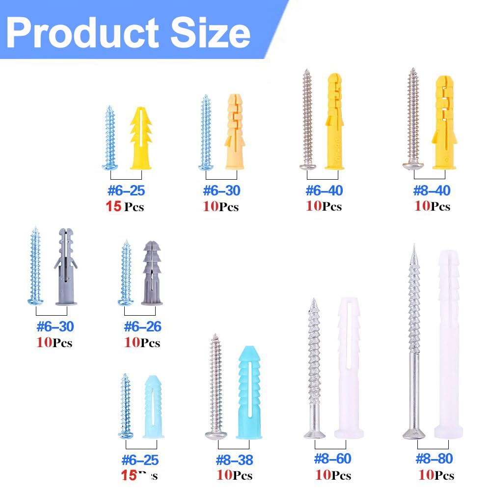 BEANPRECOY Drywall Anchors 220 Pcs, Assorted Sizes Hollow Self Drilling Drywall Anchors Screws Assortment Set Kit,Assorted Sizes Wall Plug Bolts Expansion Bolt for Wallboard Concrete Pciture Hanging