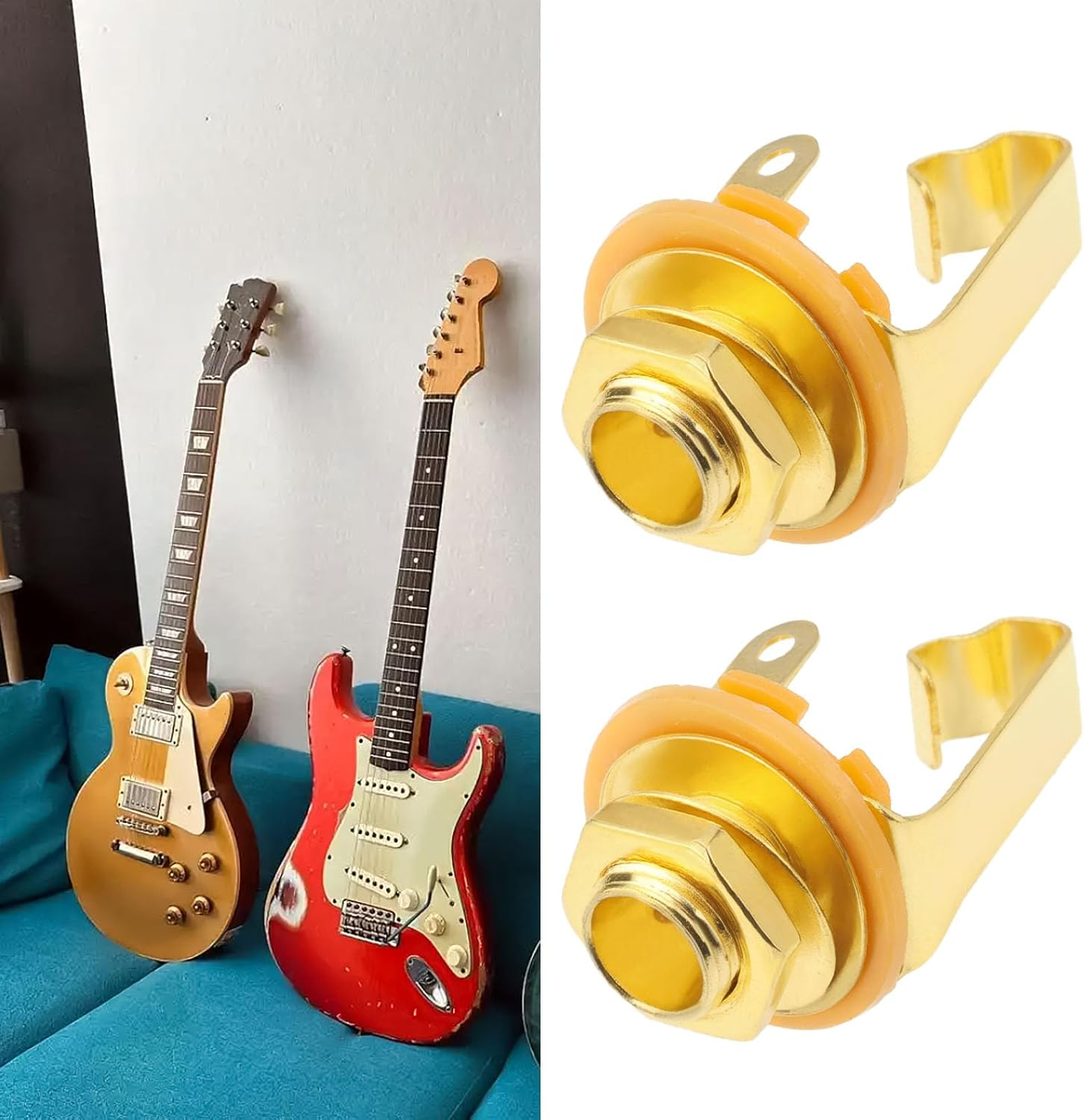 SING F LTD 2Pcs Guitar Input Jack 6.5Mm Jack Mono Panel Mount Receptacle 1/4 Inch Female Guitar Input Jack for Guitar Bass Speakers M9X0.75 Gold