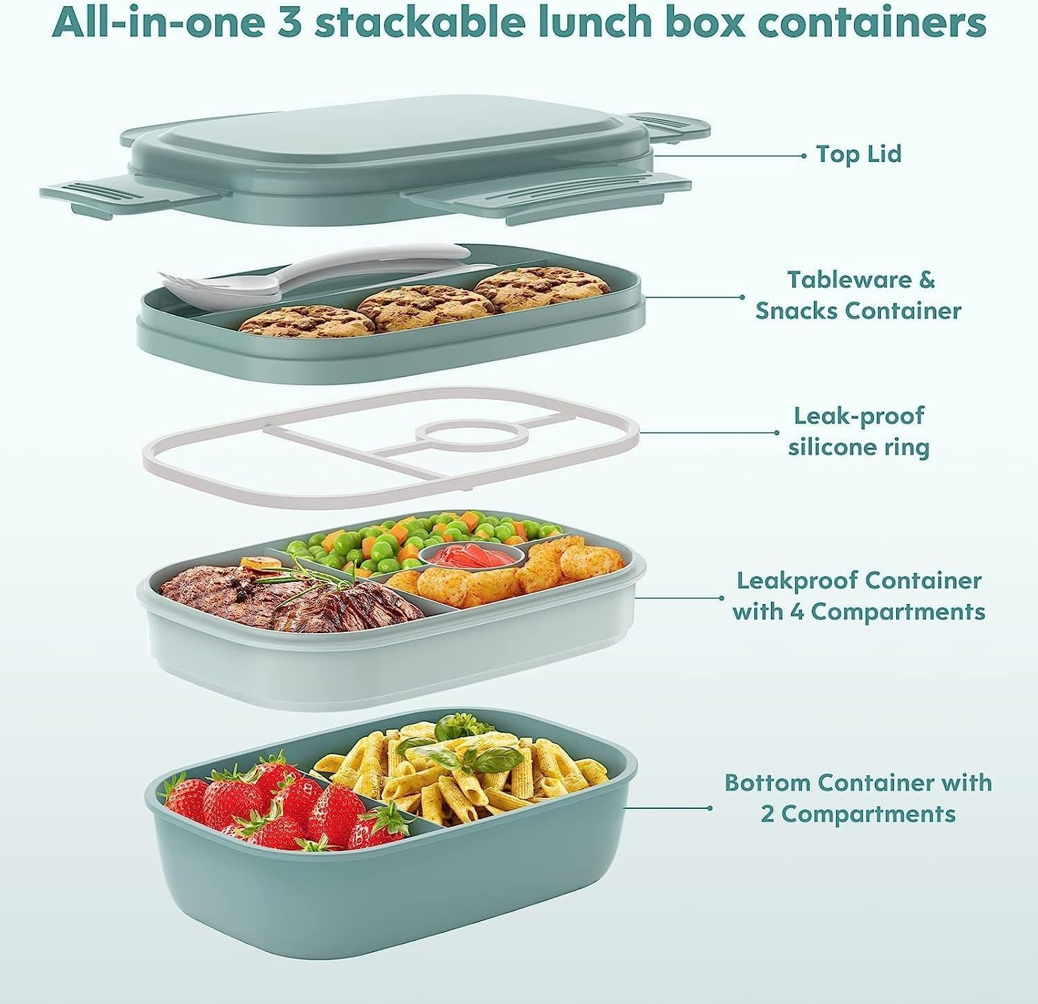 Bento Box for Adults - 3 Stackable Lunch Containers with Utensil Set, Modern Minimalist Design, Leak-Proof for Dining Out, Work, Picnic image number 3