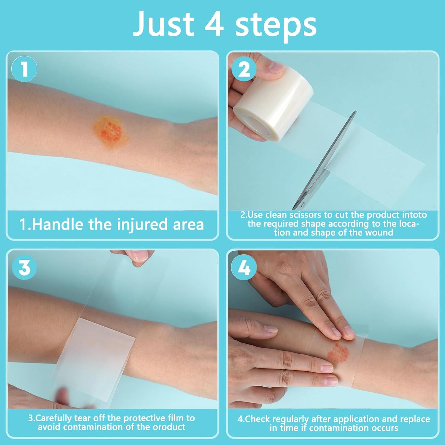Komiyaa Hydrocolloid Roll for Wound Care, Self-Adhesive Wound Care Patches and Tape for DIY Customization, Flexible, Waterproof & Hypoallergenic First Aid Kit Essential (5Cm X 5M) image number 4
