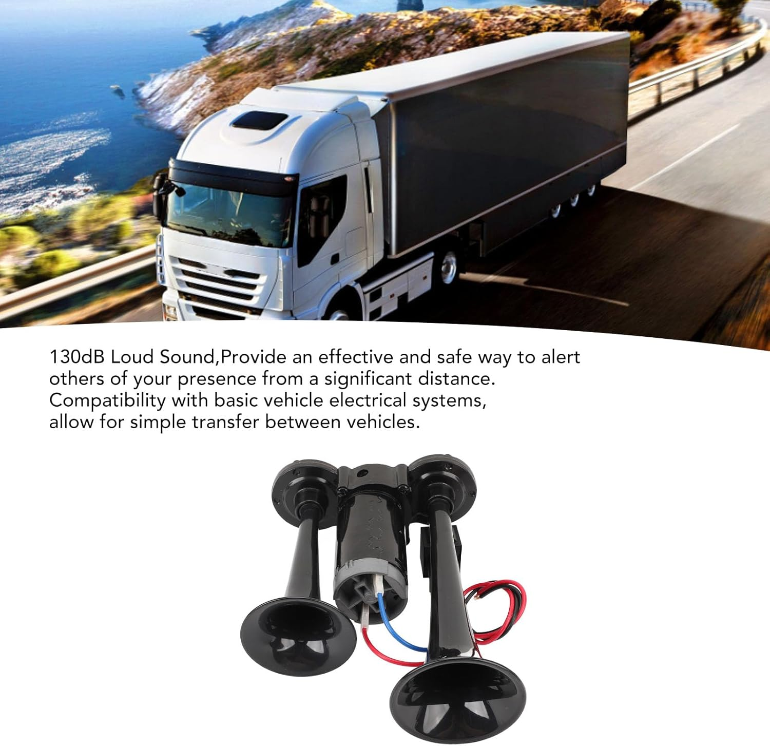 Super Loud Air Horn, DC24V 130Db Dual Trumpet Air Horn Kit, 0.08Mpa - 0.13Mpa Air Pressure Car Train Horns for Any 24V Vehicle Trucks Car or SUV, Easy Installation image number 6