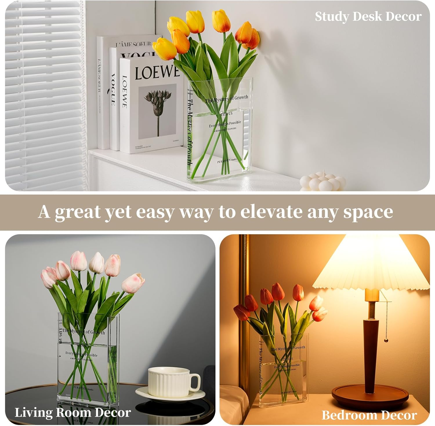 Puransen Book Vase for Flowers Aesthetic Room Decor, Artistic and Cultural Flavor Decorative Acrylic Vase, Unique Home/Bedroom/Office Accent, a Book about Flowers (Clear Color) image number 4