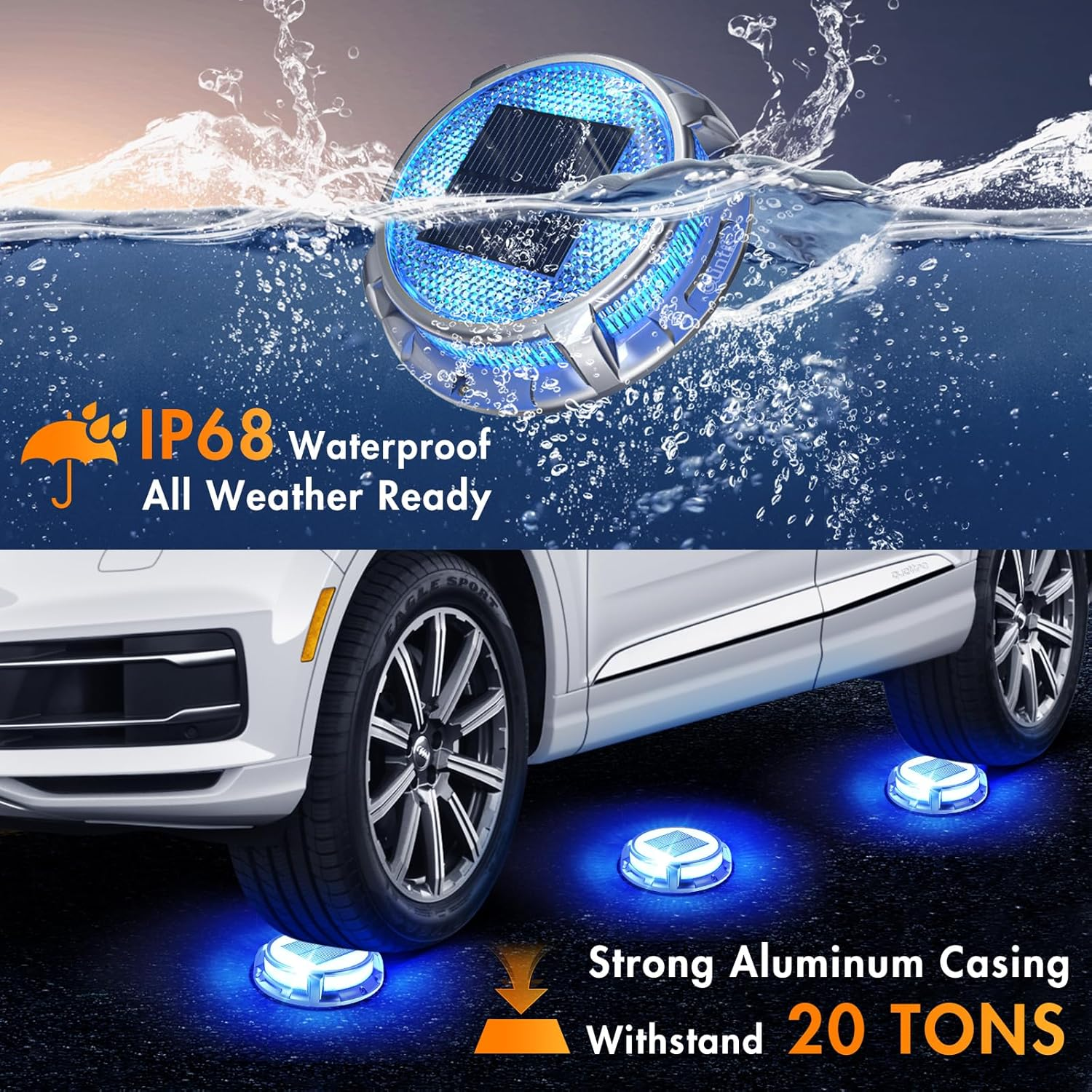 Quntis Solar Deck Lights Outdoor 2 Pack, 3 Color Modes Solar Driveway Lights IP68 Waterproof, Deck Light for Stair Pathway Pool Walkway Road (Blue/Cool White/Warm White) image number 4