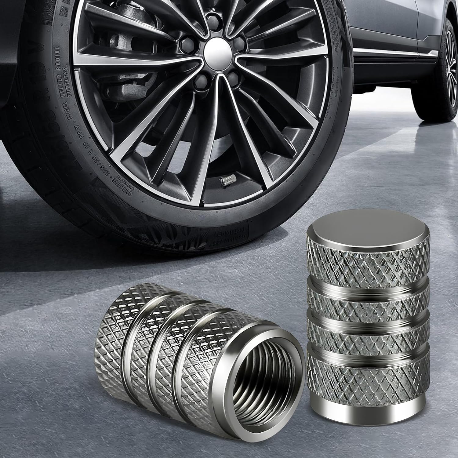 Pack of 12 Car Valve Caps, Aluminium Car Valve Cap, Universal Valve Caps, Car Tyre Accessories, Car Tyre Valve Caps for Cars, Trucks, Suvs, Motorcycles, Bicycles, Etc. (Grey) image number 1