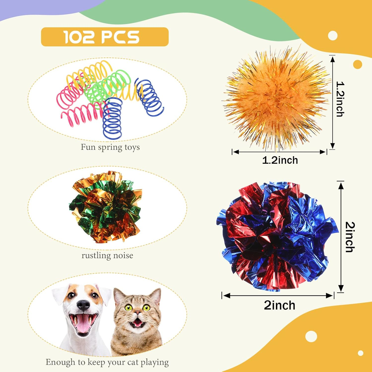 102 Pcs Cat Toys Balls Set 80 Assorted Color Cat Glitter Pom Pom Balls,10 Pcs 2.2 Inch Crinkle Ball Cat Toy Balls 12 Helical Spring Toys Pet Cat Toy Furry Interactive Toy Balls Christmas Party Balls