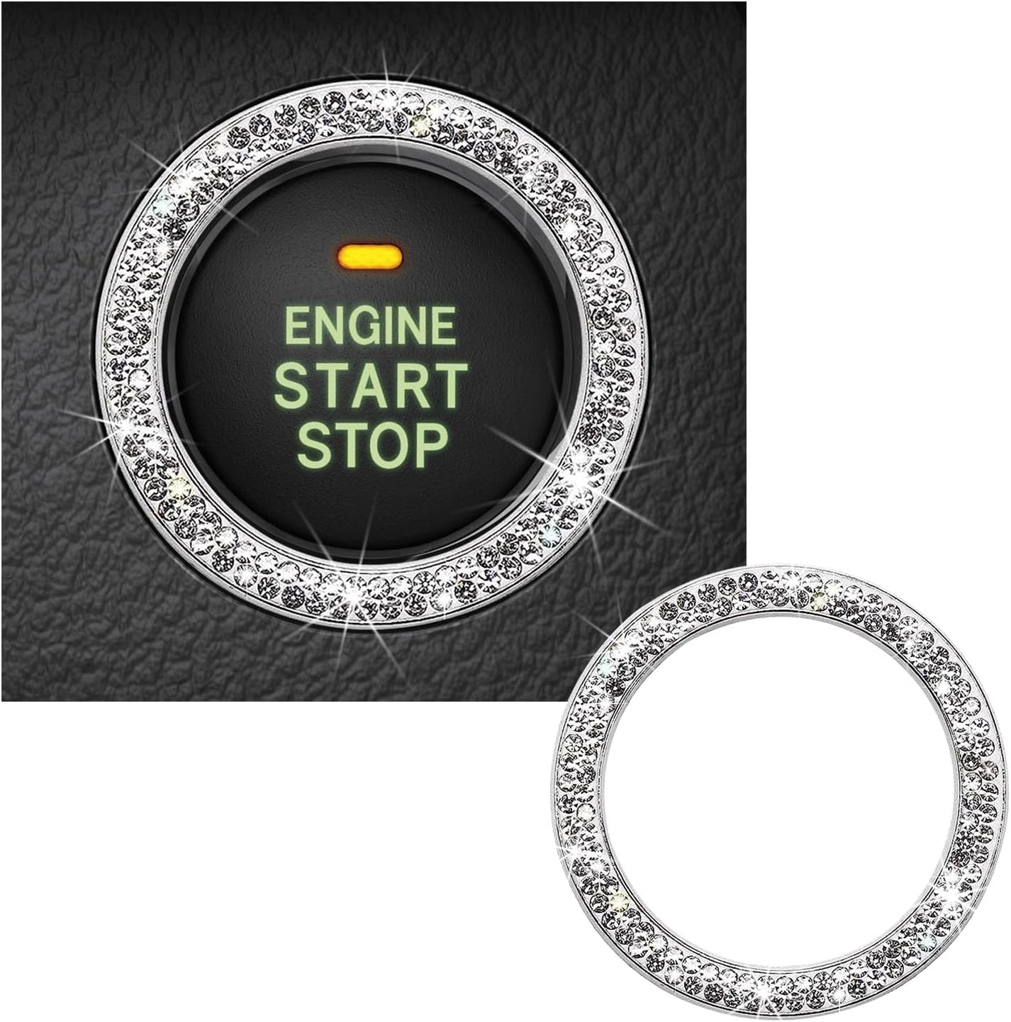 Kewucn Bling Crystal Double Rhinestone Car Engine Start Decoration Ring, Sparkling Push Start Button Sticker, Key Ignition & Knob Ring Decoration, Bling Car Interior Accessory(White)