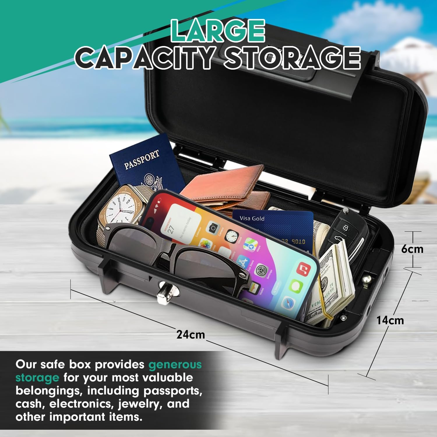 Travel Portable Safe Box, Outdoor Combination Security Case with 4-Digit Code, Waterproof Anti-Theft Lock Box with Wire for Passport, Credit Cards, Phones &ndash; Ideal for Home, Hotel, Travel, Beach, Car image number 5