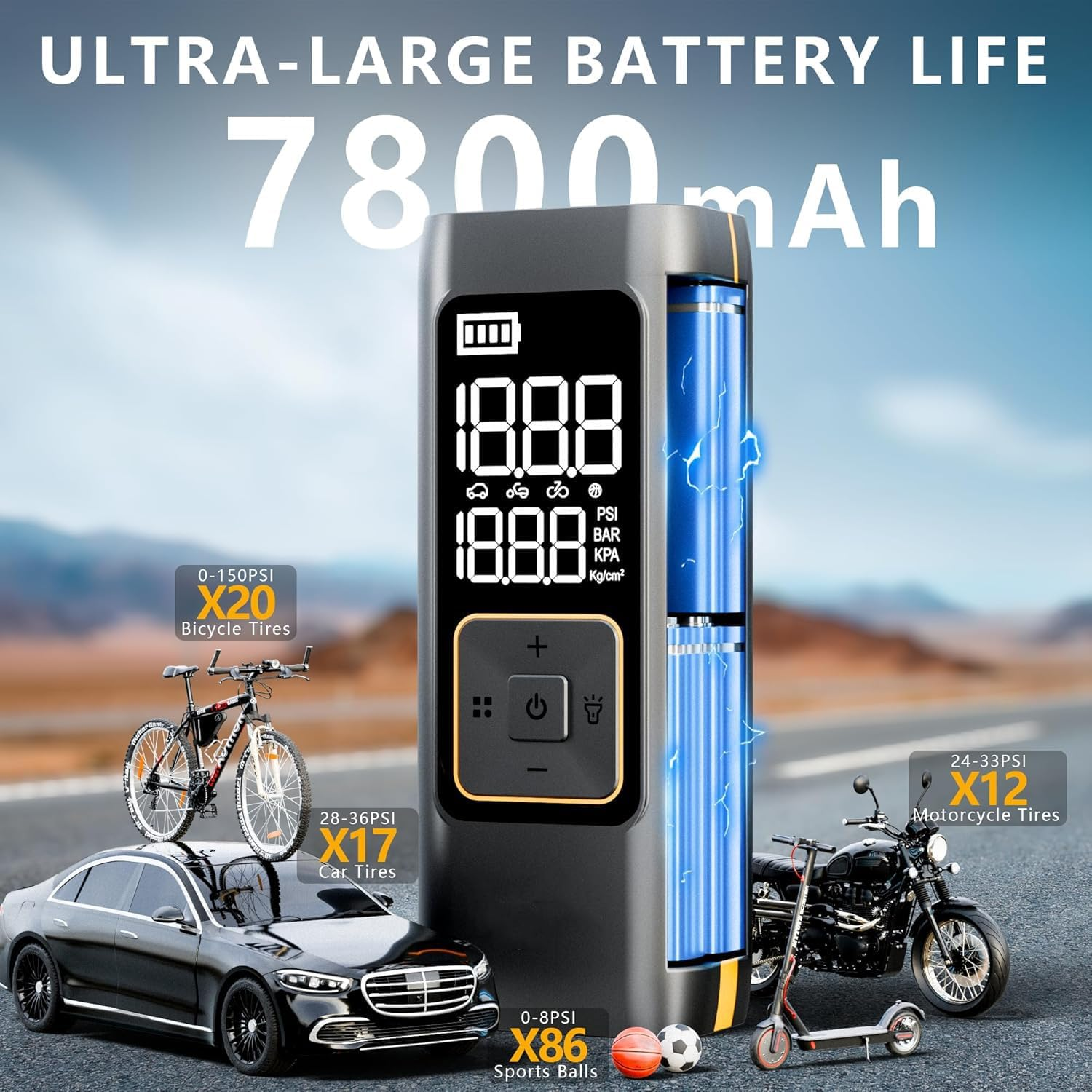 Tyre Inflator Portable Air Compressor, DC 12V Electric Tyre Pump with Digital Pressure Gauge & LED Light, 150PSI Air Pump with Auto Shut off for Cars, Motorcycles, Bikes, Bicycles, Balls image number 3