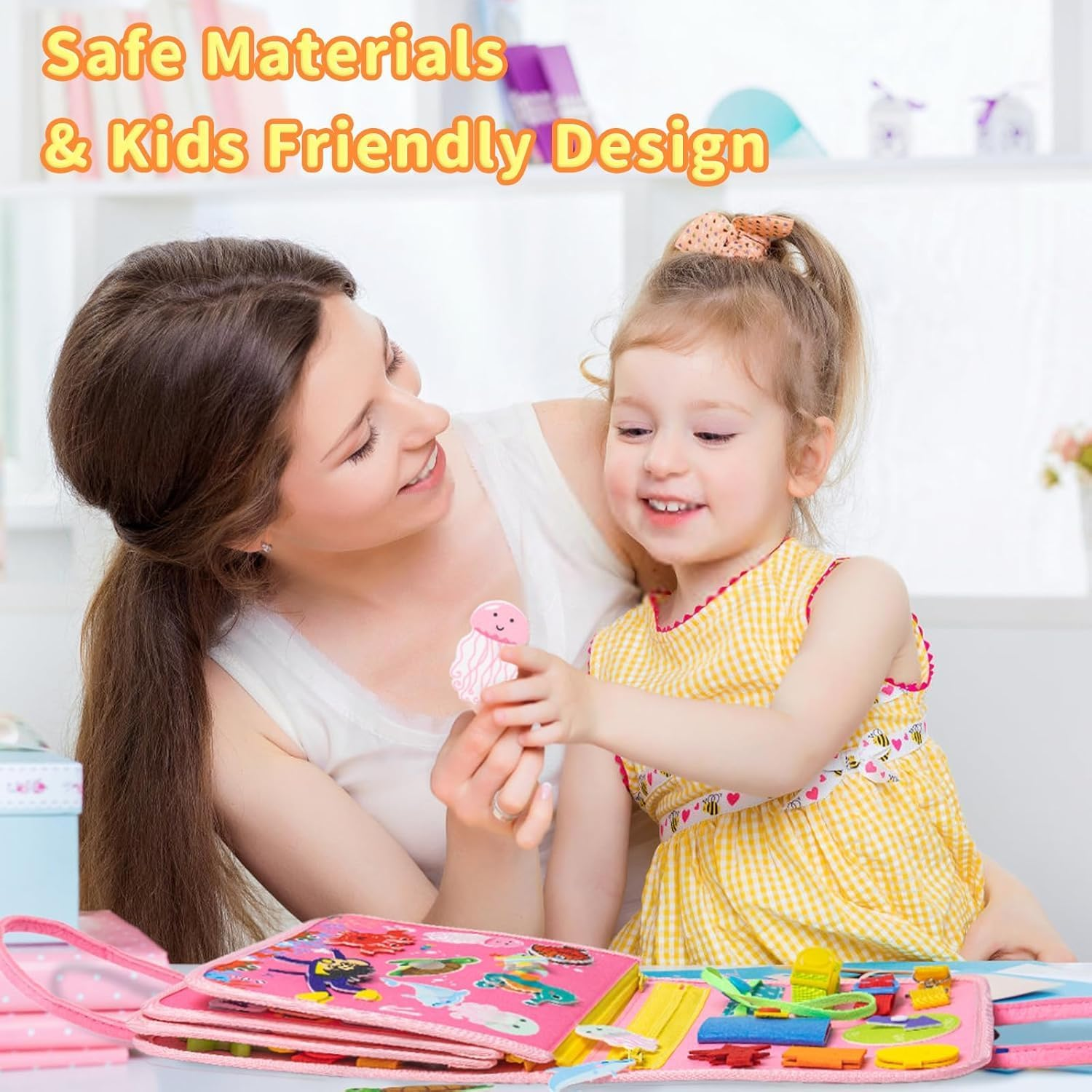 Busy Board for Kids Toddler Sensory Toys Educational Busy Book Sensory Activity Developing Board Montessori Toy Preschool Quiet Book for Airplane and Car Travel Ages 3 4 5 Year Old Girls Boys (Pink)