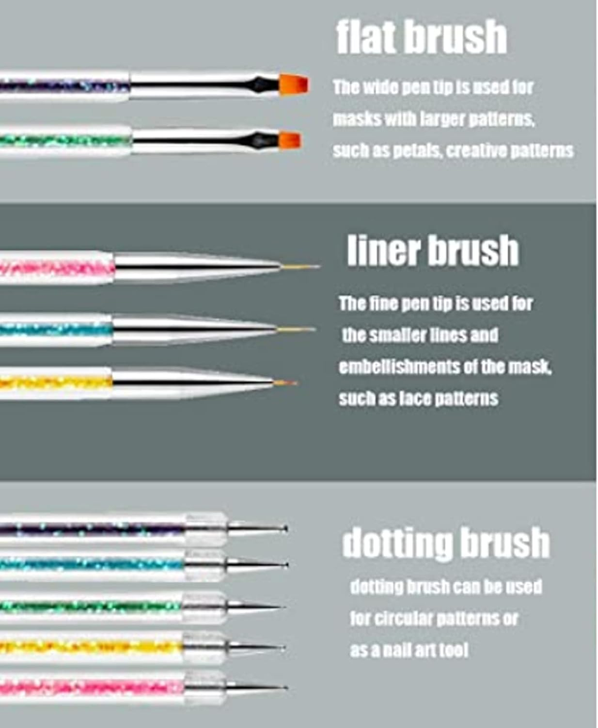 5Pcs Nail Art Tool Set, Duel-Ended Nail Art Design Pen Include Nail Painting Brush Nail Liner Brush Nail Dotting Pens for UV Gel Nail Home DIY Salon. image number 6