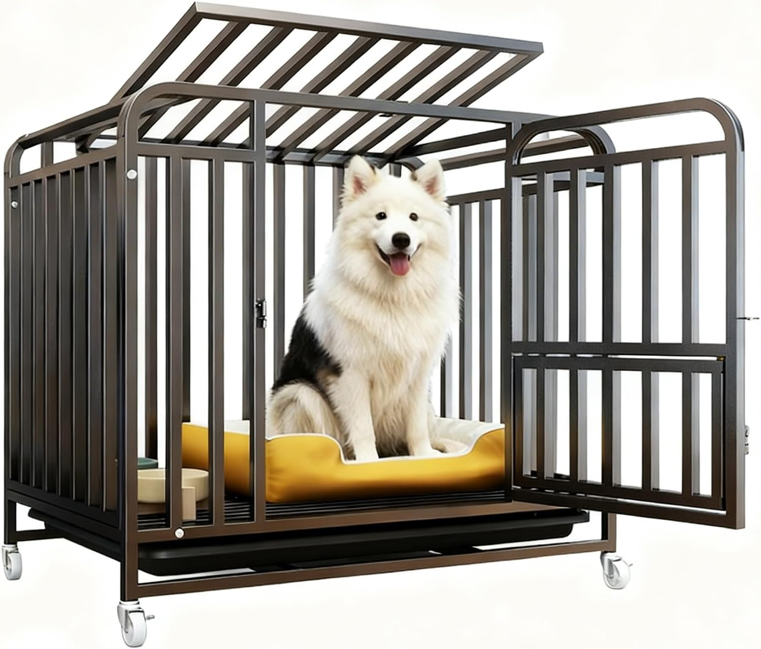 Dog Crate with Removable Tray, Large Dog Cage with Wheels, Double Door Kennel Black 110 * 75 * 95Cm image number 5