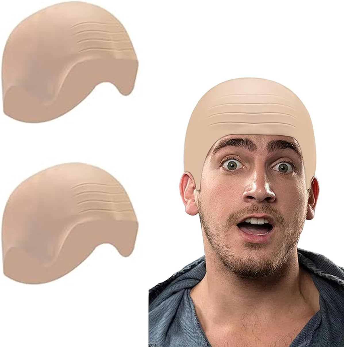 ZHER-LU 2Pcs Bald Cap Halloween Bald Caps Makeup Latex Bald Head Wig Cap Bald Hat Costume Accessories for Adults(Skin Color) image number 5