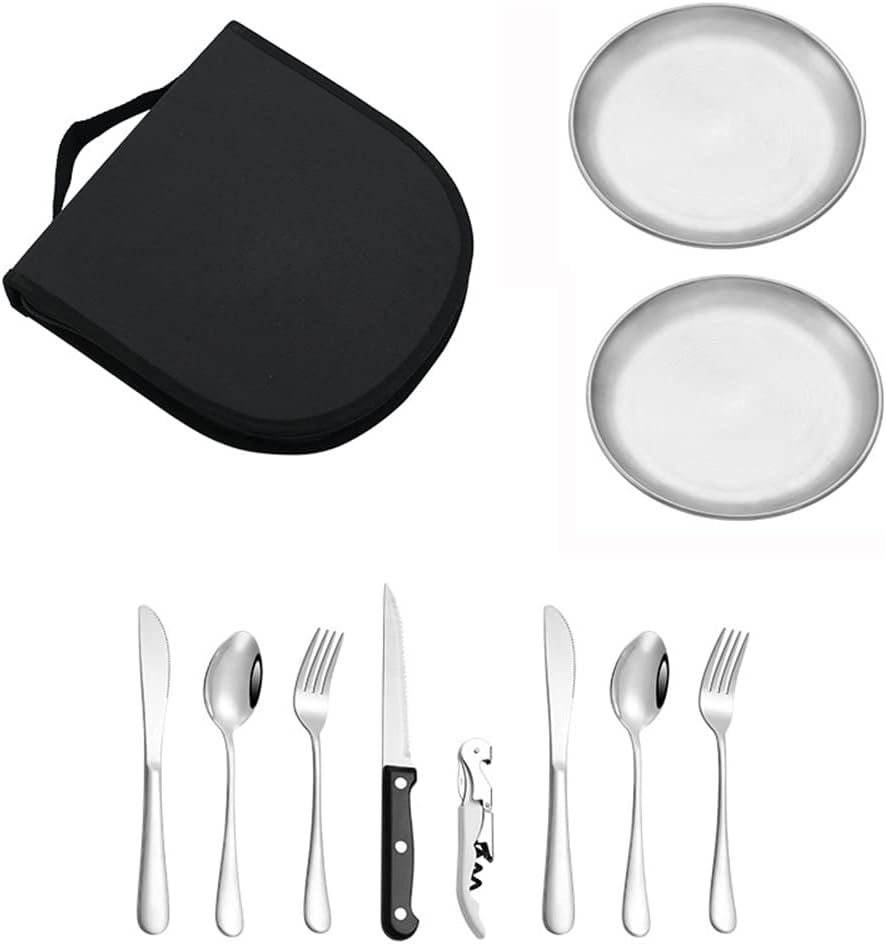 Issdem Metal Camping Utensil Set, Camping Silverware Set for 2, Reusable Travel Cutlery with Case Include Knife Fork Spoon Dish and Beer Cap Opener image number 4