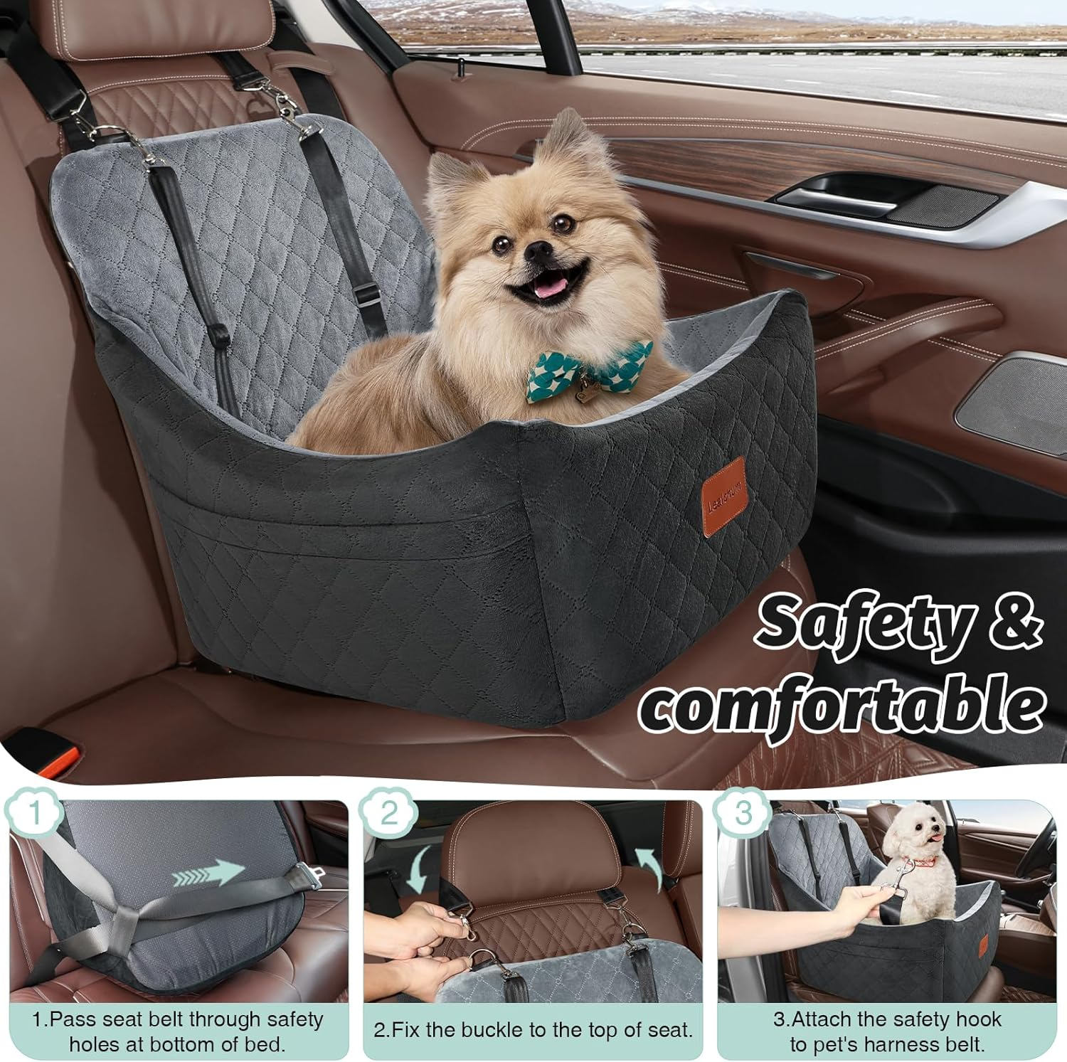 Dog Car Seat for Dogs up to 35Lbs,Car Dog Bed Easy to Install,Medium Dog Car Seat with Adjustable Straps and anti Slip Bottom,Fully Detachable and Washable(Black/Grey,Medium) image number 3