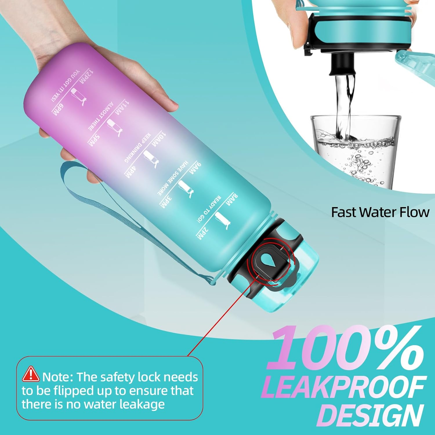 Children'S Water Bottle with Filter, Sports Water Bottle 500 Ml with Motivational Slogan, Leak-Proof Drinking Bottle, Can Be Carried, for School, Yoga, Outdoor, Hiking, Running, Green/Pink image number 4