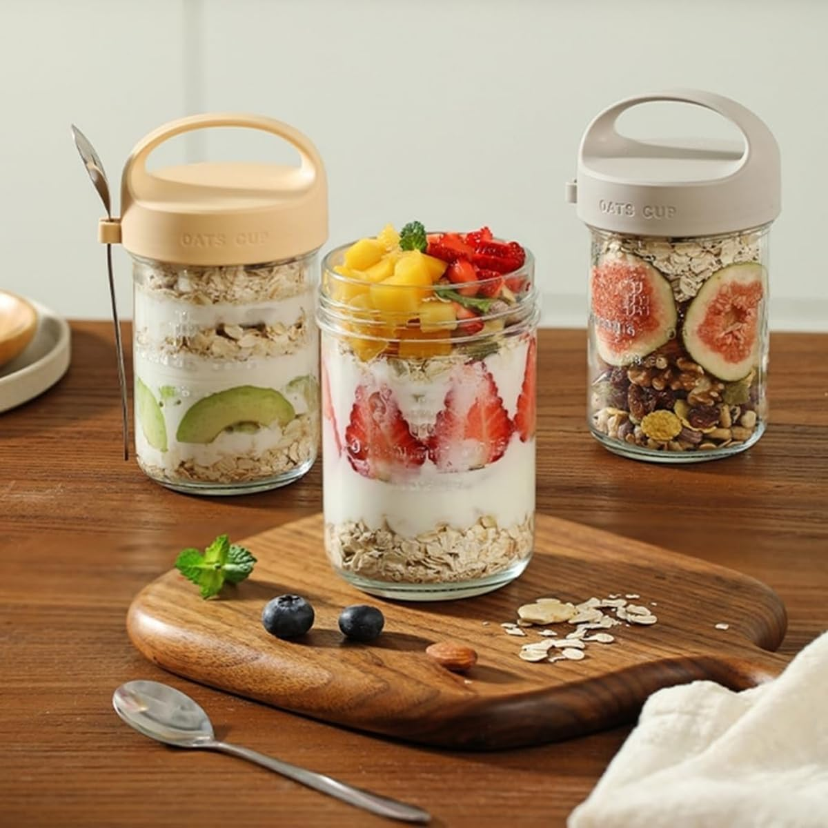 Kitment 6Pack Overnight Oats Container Jars, Oatmeal Containers with Handle, 15Oz/430Ml Glass Mason Airtight Jars for Cereal, Yogurt, Milk, Vegetable, Fruit, Salad image number 4