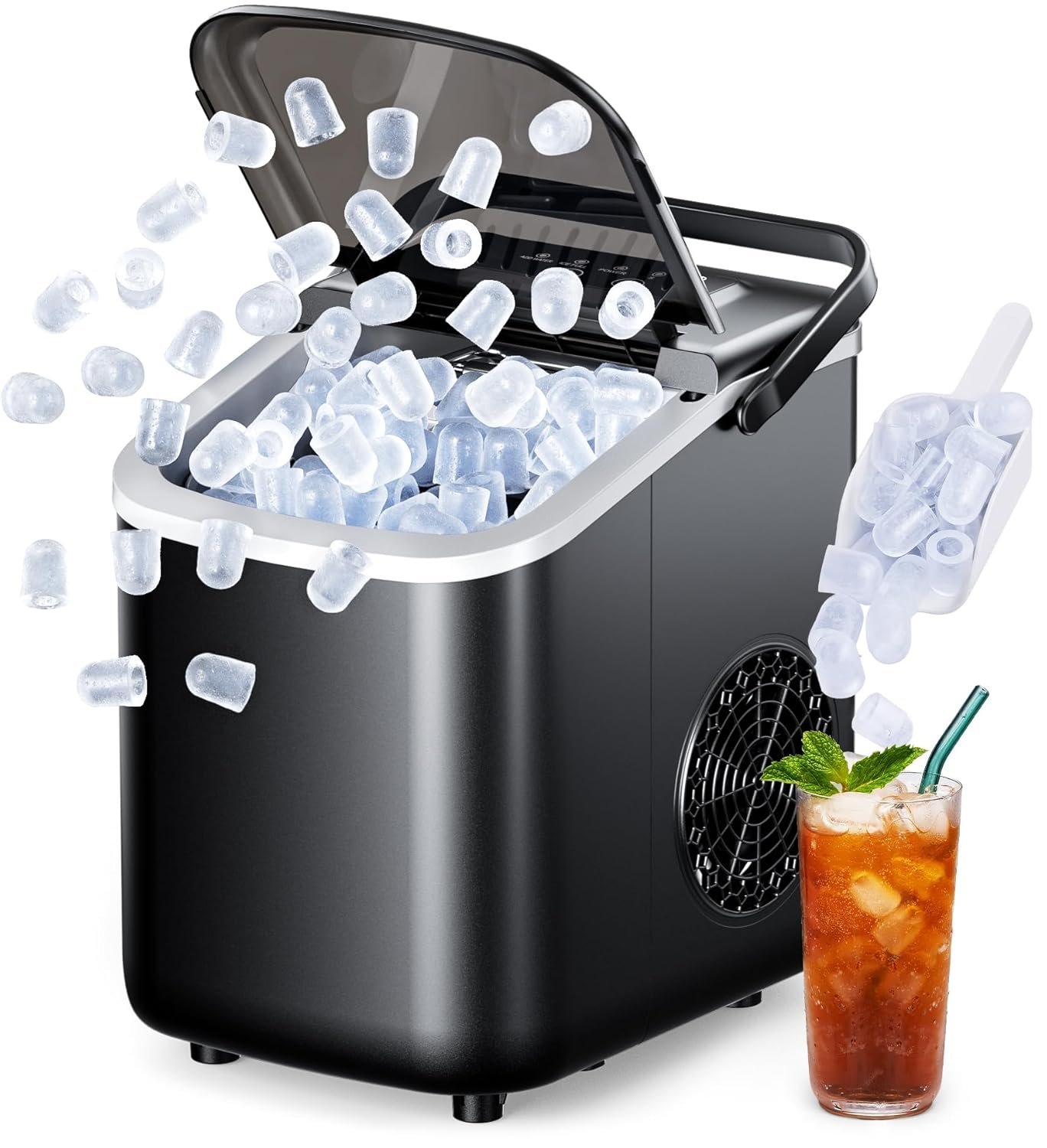 Rule Lie Ice Maker Machine - 12KG Countertop Portable Icemaker with Handle, 9 Ice Cubes Makers in 6 Mins, 26Lbs/24H, Electric Fast Freeze with Scoop and Basket for Home Kitchen Office Bar Party, Black image number 1