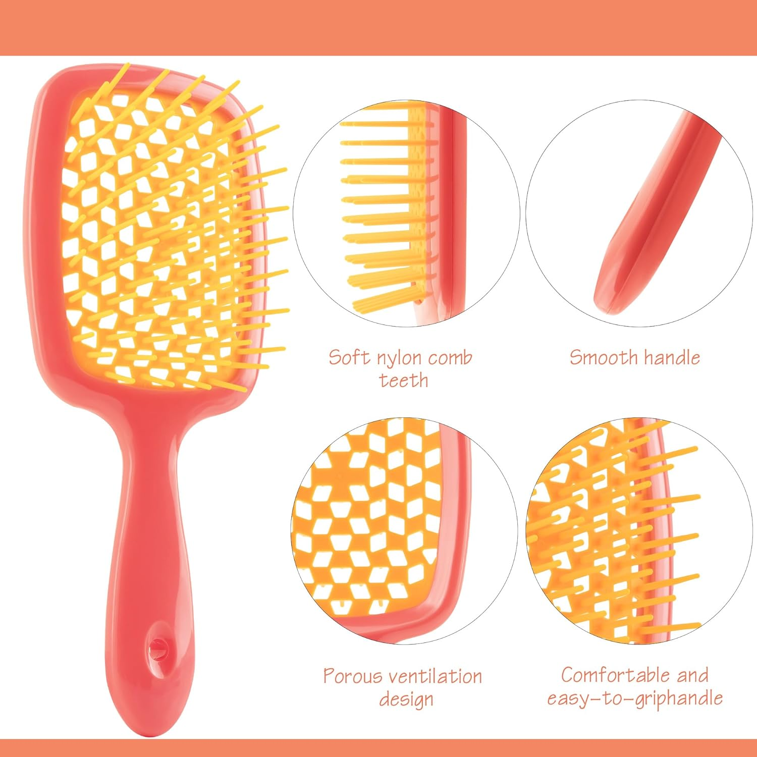 DODAMOUR Detangling Hair Brush, Vented Paddle Brush for Blow Drying and Scalp Massage, Square Scalp Massage Comb Ideal for Wet & Dry Hair, Suitable for Men and Women (Coral)