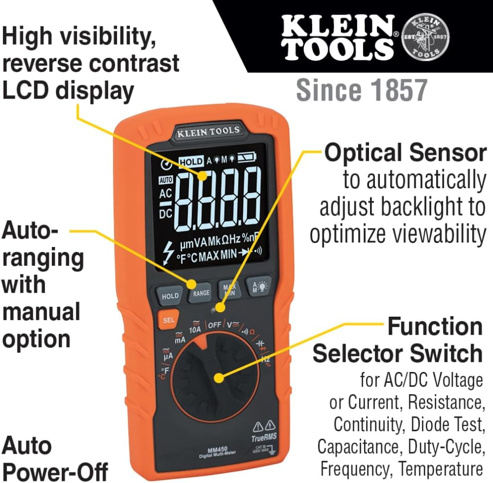 KLEIN TOOLS 600V 10A ACDC AUTO Range TRMS Slim Meter
