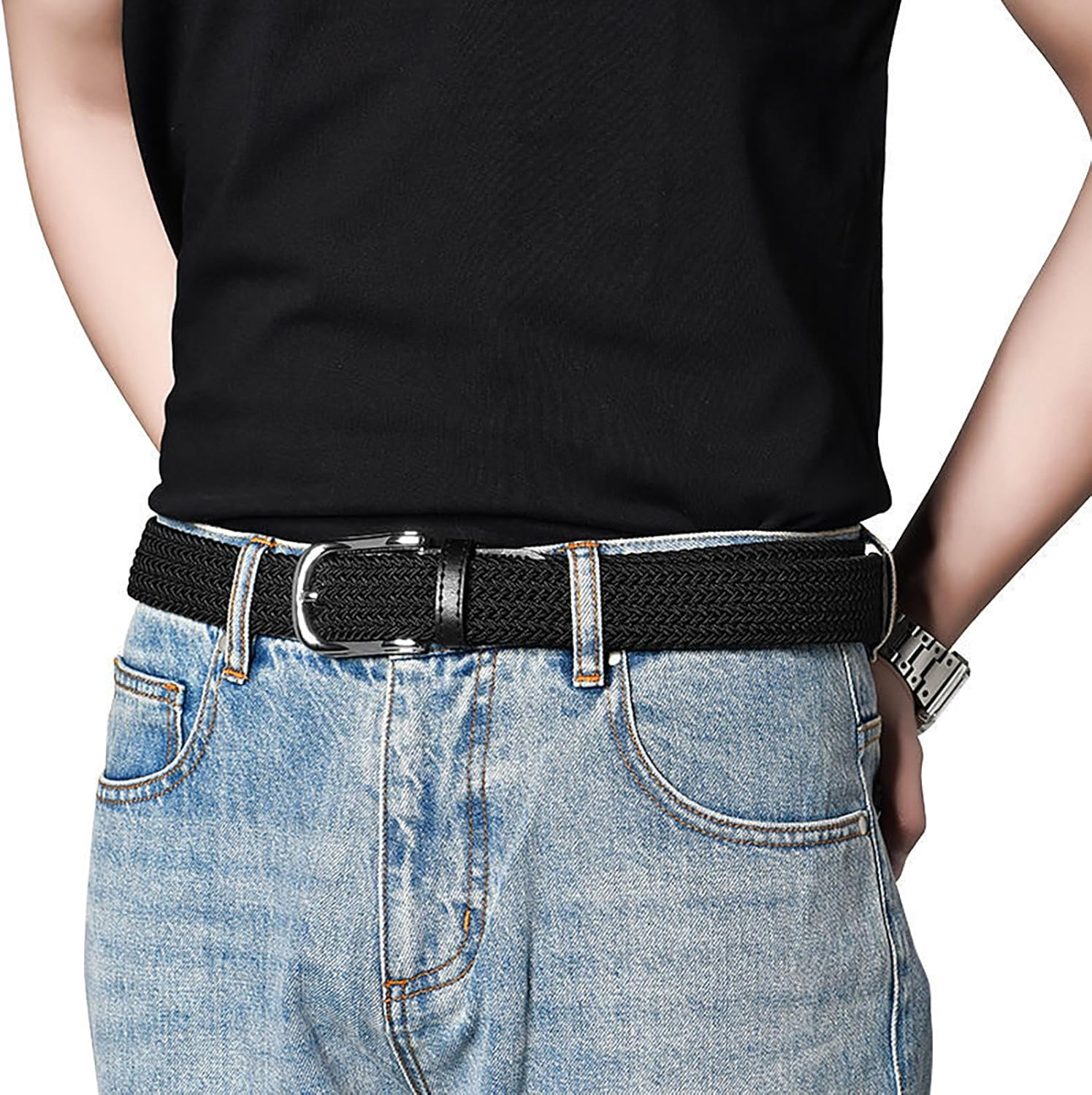 LJJCSFF Mens Braided Stretch Belt Elastic Woven Belt Fabric Golf Belt Cloth Work Belt Hunting Pants Belt Casual Jeans Belt Black, Black image number 4