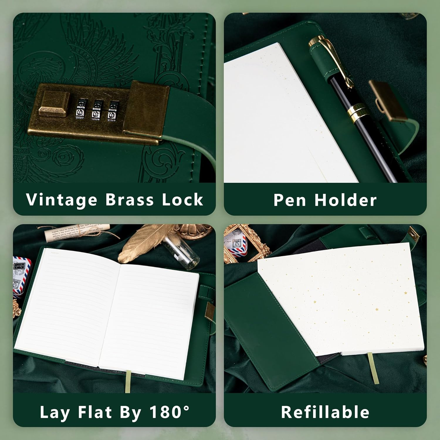 TIEFOSSI Phoenix Journal Notebook with Lock, Vintage Leather Locked Diary, B6 Travel Refillable Ruled Lined Writing Paper, Secret Password Gift Diary for Women Girls Boys (Green)