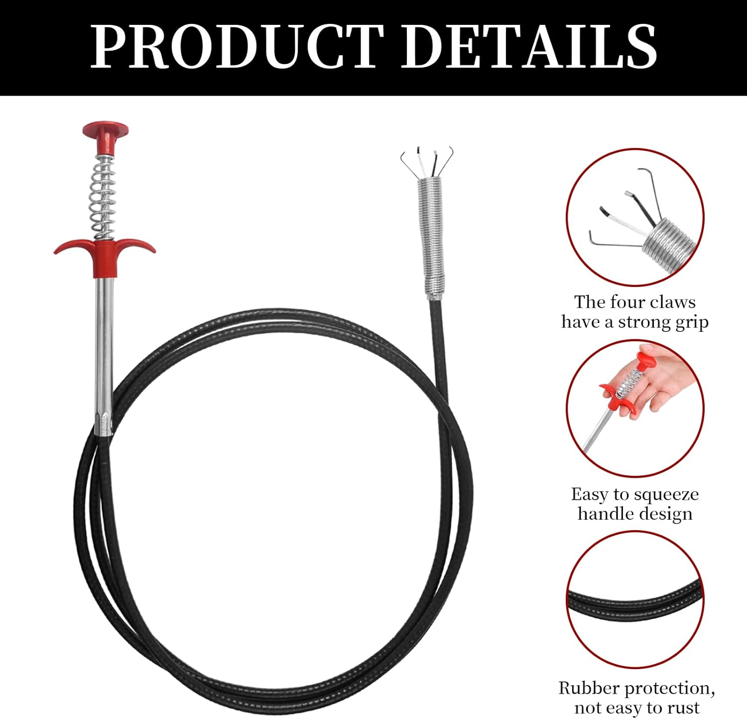 Pack of 2 Drain Spiral 90 Cm / 200 Cm, Flexible Gripper Claw Gripper, Pipe Cleaning Spiral, Stainless Steel Flexible Telescopic Gripper for Kitchen, Bathroom and Sewage Channels image number 3