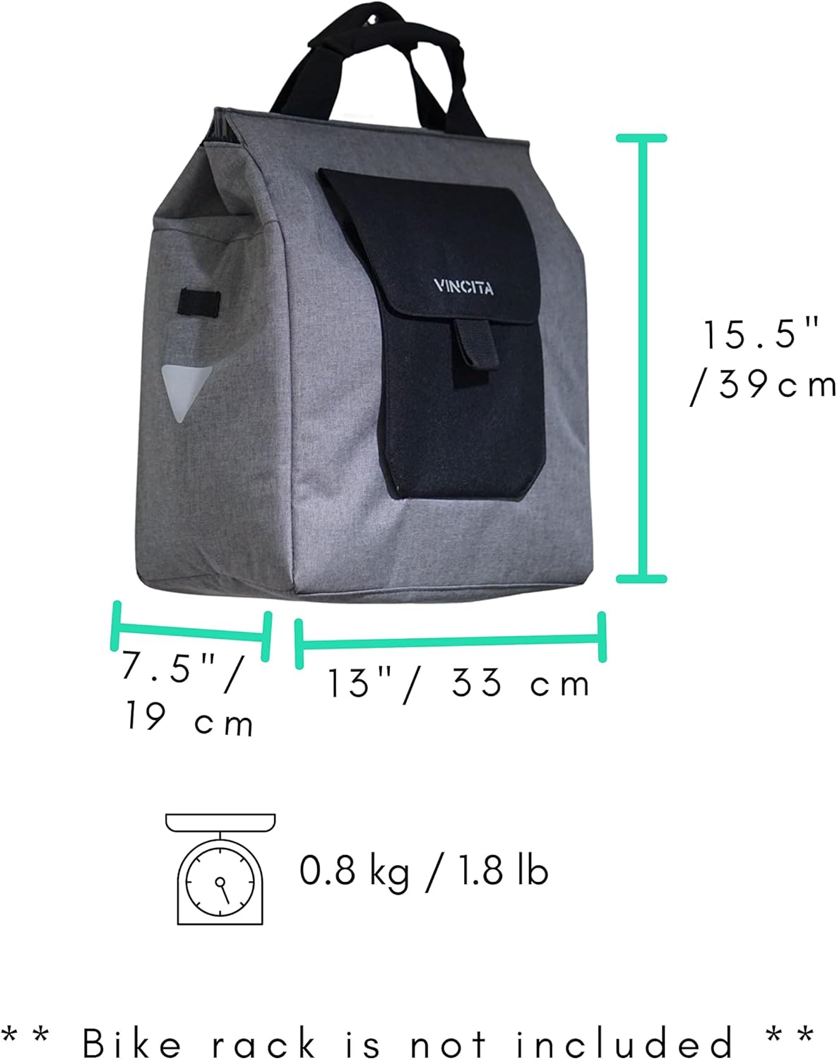 Vincita Jess Bicycle Grocery Pannier - Bike Shopping Bag for Urban Commuter with Large Capacity, Handle and Reflective Spots- Modern Stylish Design for All Bikes (Gray) image number 3