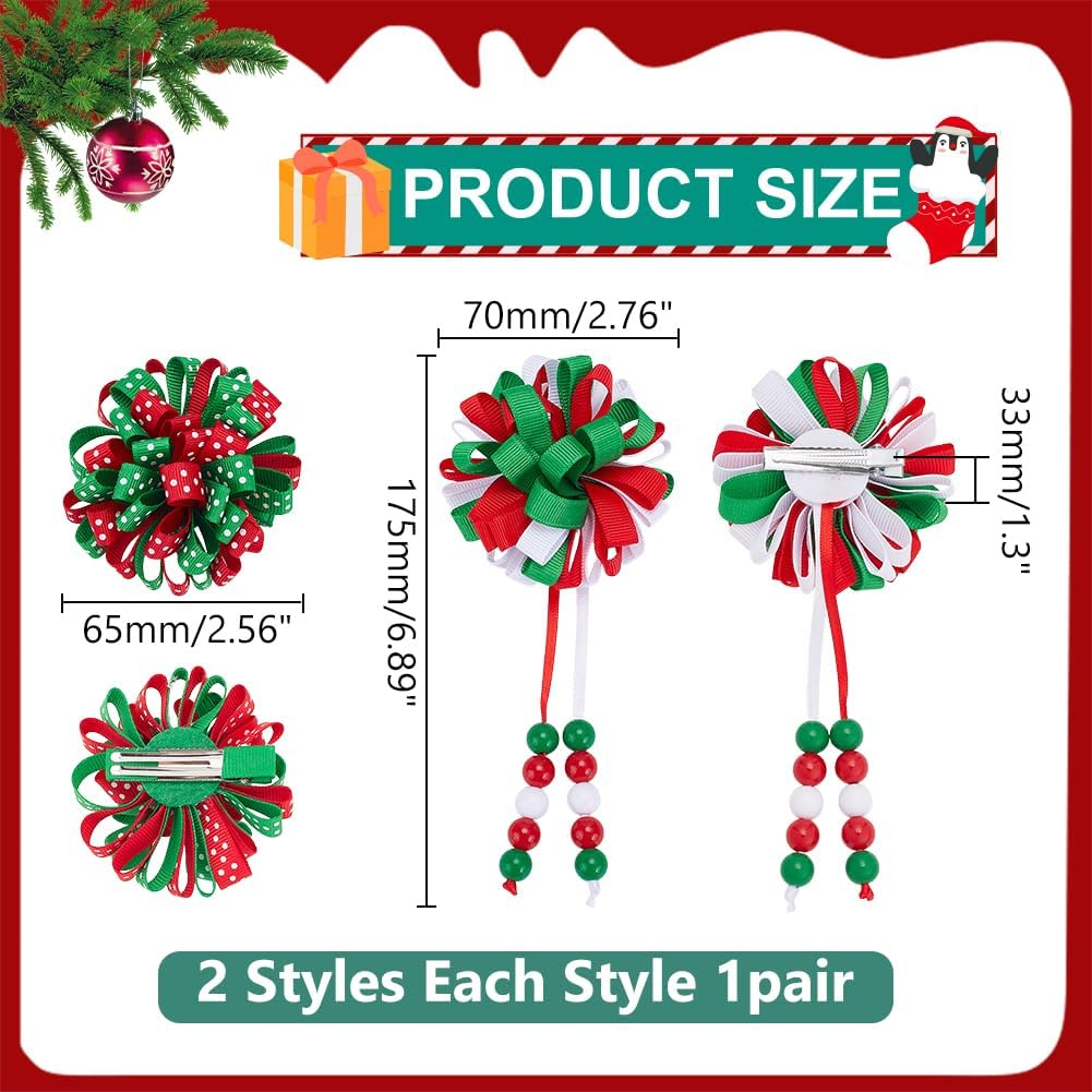 WADORN Pack of 4 Hair Clips with Christmas Curling Ribbon. Curly Alligator Hair Clips Grosgrain Ribbon Ball Flower Red Green White Handmade Holiday Hair Clip for Christmas Hair image number 3