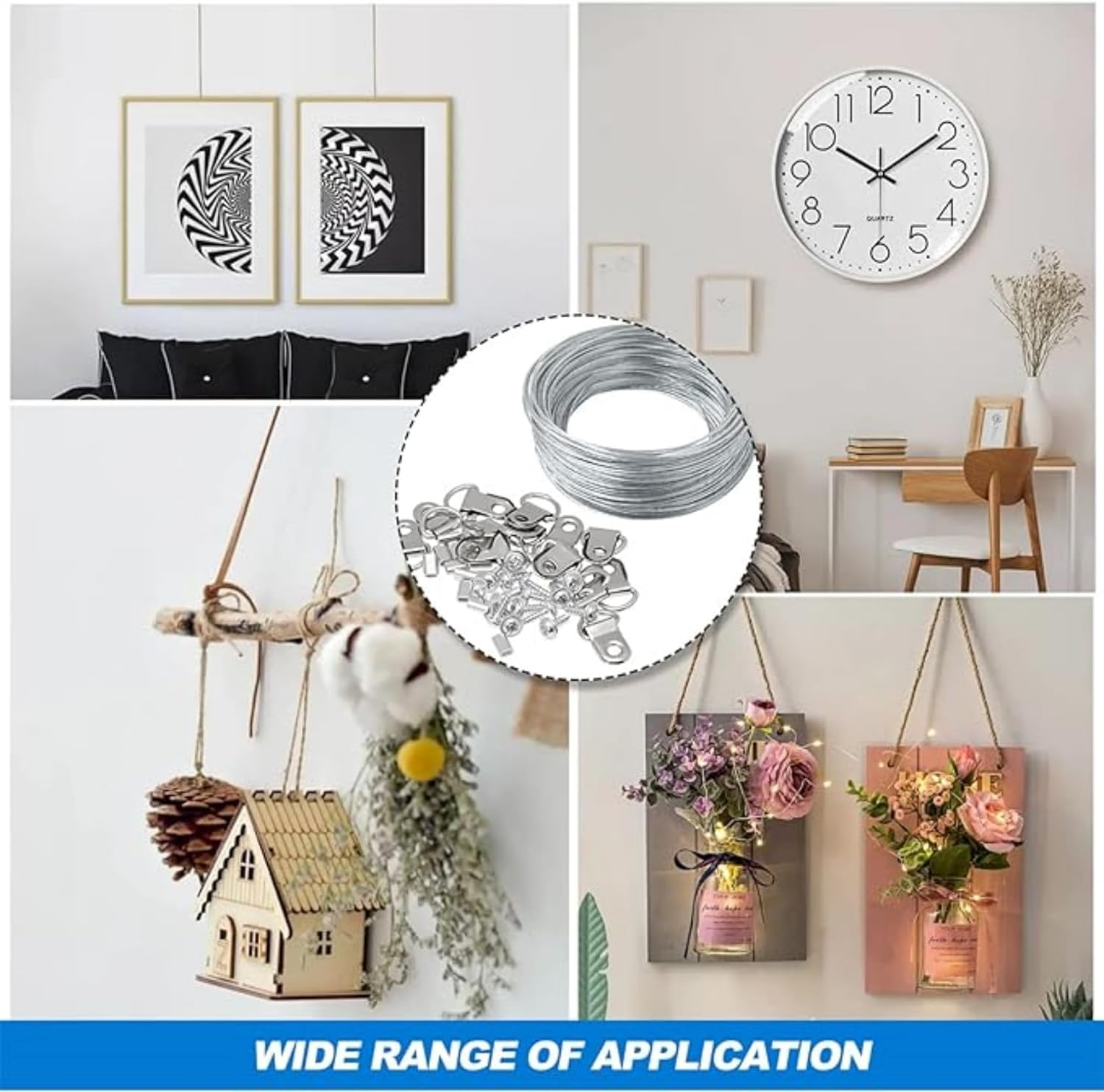 Picture Hanging Wire, 131 Pcs Picture Frame Hanging Wire with D Ring Hangers and Crimping Loop Sleeves Steel Rope for Mirror Clock for Mirror, Clock Frame, Artwork Hanging image number 1