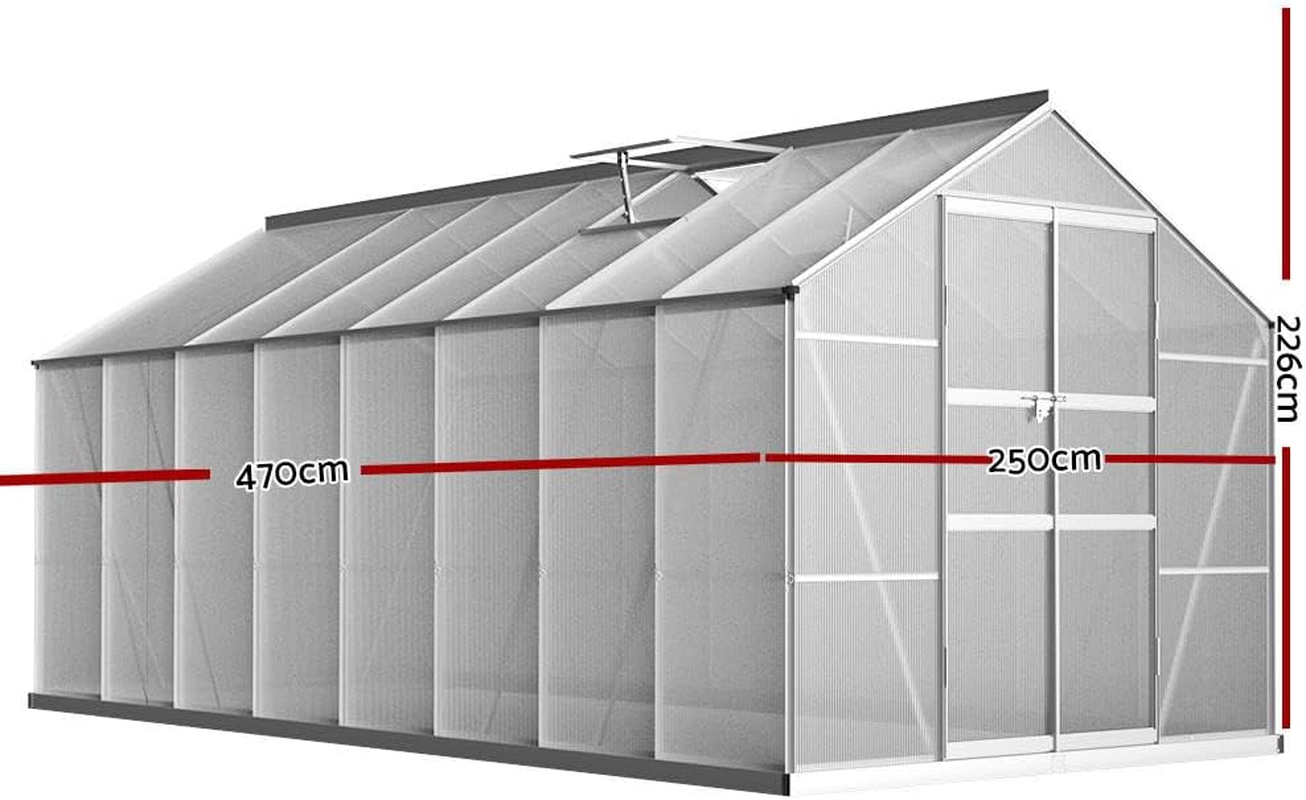 Green Fingers Aluminium Polycarbonate Walk-In Greenhouse 470X250X226Cm with Lockable Door, Ventilation Roof, Drainage System &ndash; Ideal Garden Shed for Plants, Tools & Outdoor Storage image number 4