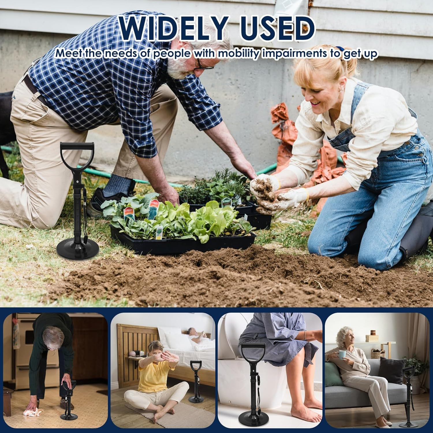 Lightweight Mobility Aid Tool, 5 Height Adjustable Mobile Standing Aid with Widened Nonslip Bottom for Home Garden Workshop (Black) - Black image number 4