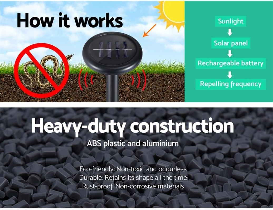 Gardeon Snake Repeller, Set of 4 Multi Pulse Solar Powered Repellent Ultrasonic Pest Mouse Repellers Rat Trap Possum Deterrent for Lawns Garden, Water Resistant ABS Plastic Black
