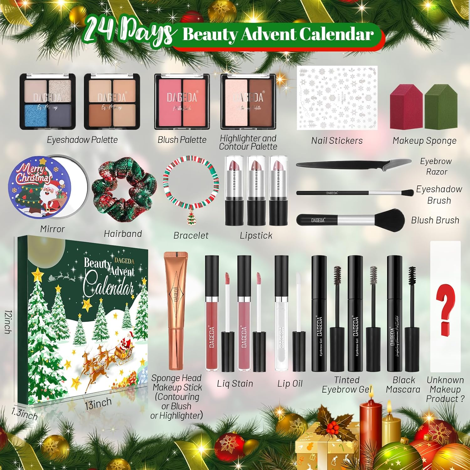 DAGEDA Beauty Advent Calendar 2025,24 Days Christmas Makeup Gifts for Women,Contains Beauty Makeup Kit, Xmas Clothes Accessories, 24 Surprise Christmas Countdown Festival Gifts Set for Women Girls image number 1