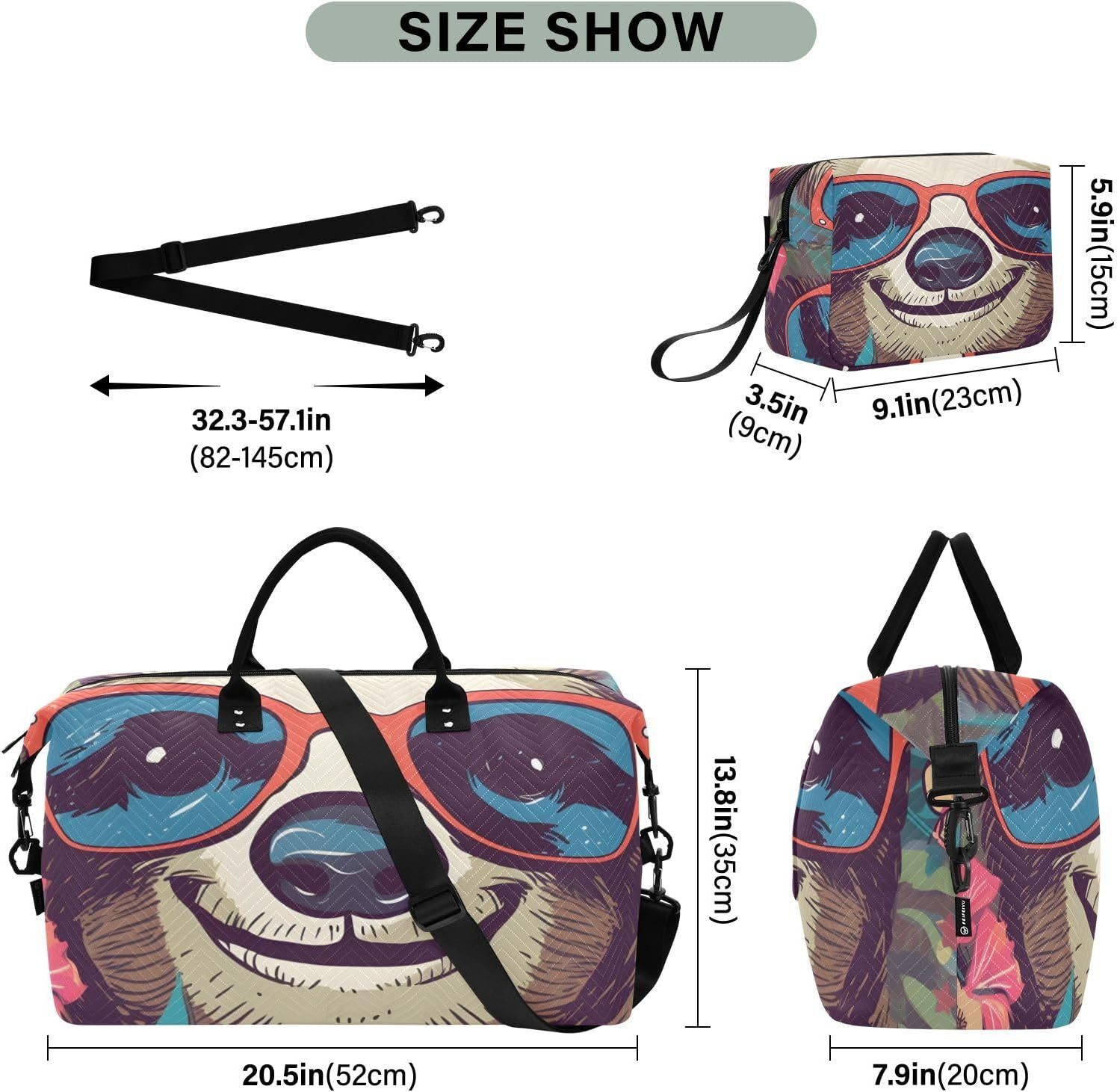XYMZR Large Travel Duffel Bag, Happy Sloth Glasses Sports Tote Gym Bag, Shoulder Weekender Overnight Bag for Women Men, Carry on Luggage with Toiletry Bags, Multi-Colored, Multi-Colored image number 6