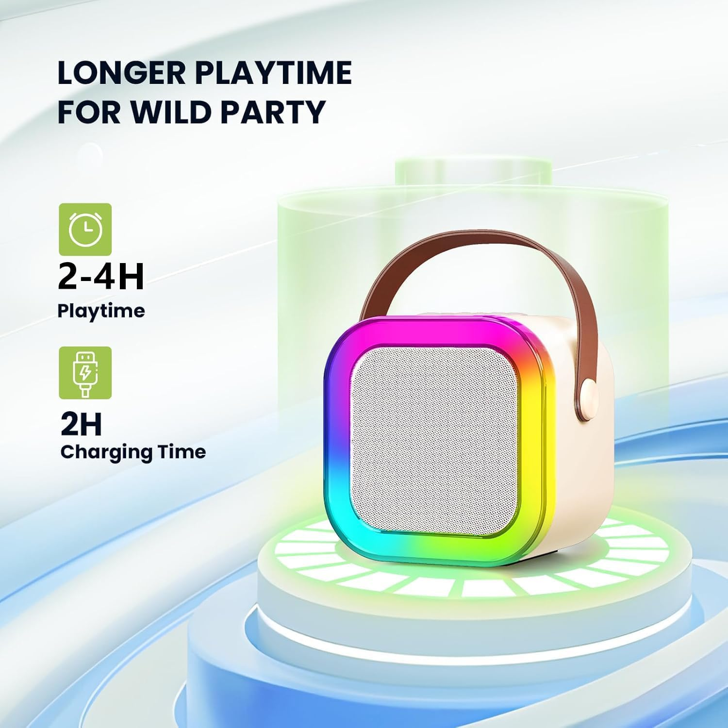 Kids Karaoke Machine, Adult Karaoke Machine with 2 Wireless Microphones, Portable Bluetooth Speaker Gift with Colorful Lights for Boys Girls Toy Family Train Dance Guide Party (Beige) image number 5