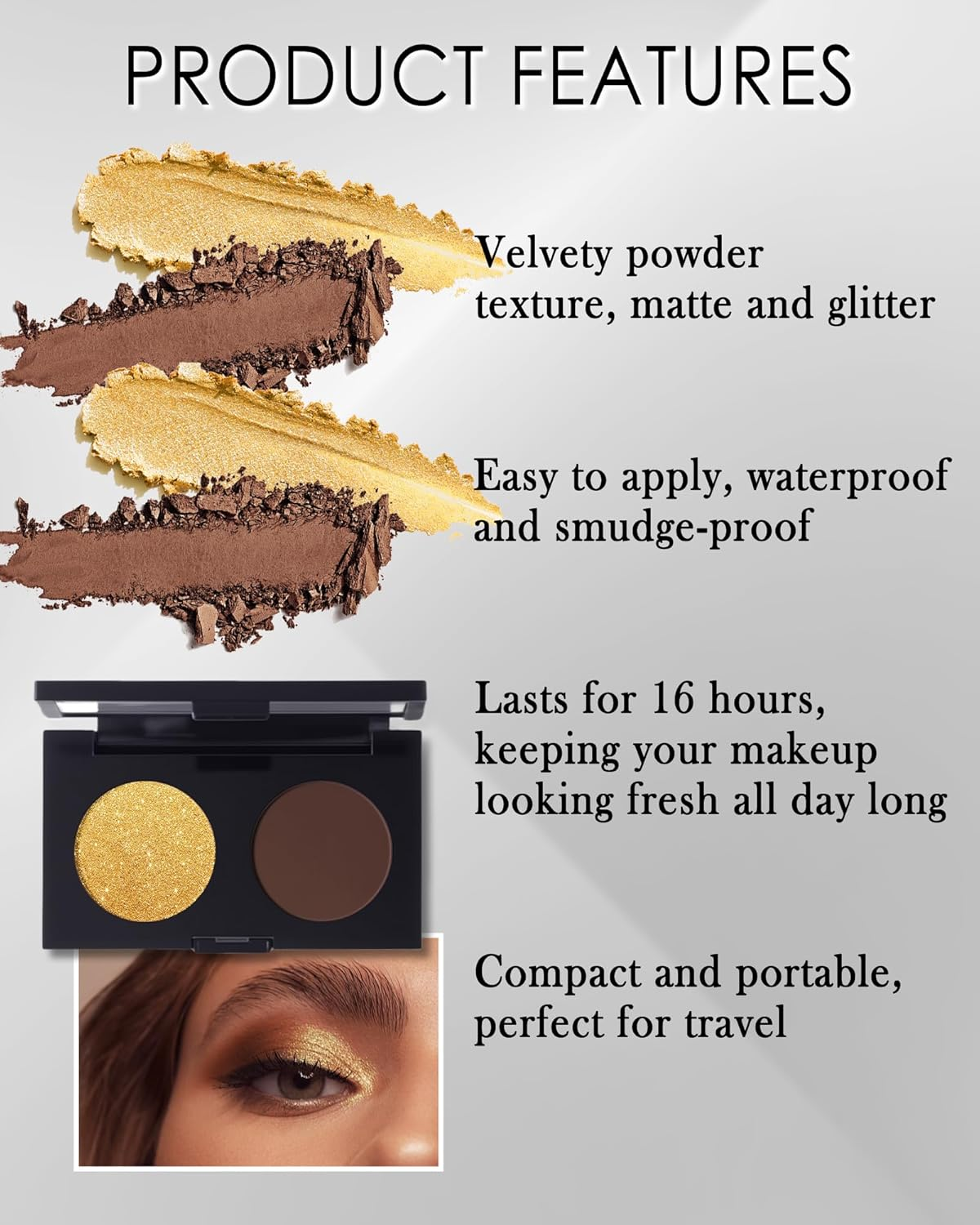 Matte Glitter Eyeshadow Palette, 2 Colours, Eyeshadow Brown, Waterproof and Durable, Highly Pigmented Metallic Shimmering Finish, Shimmer Eye Makeup for Make-Up, Girls and Women, 08 - 09 image number 7