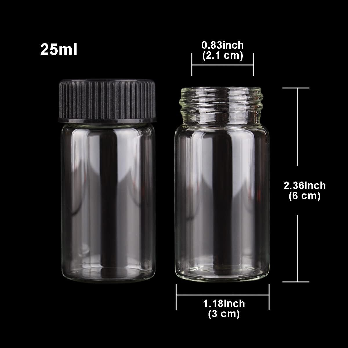 24 Pieces 25Ml Transparent Glass Bottles with Black Plastic Screw Cap Tiny Jar Vials Art DIY Craft Gift