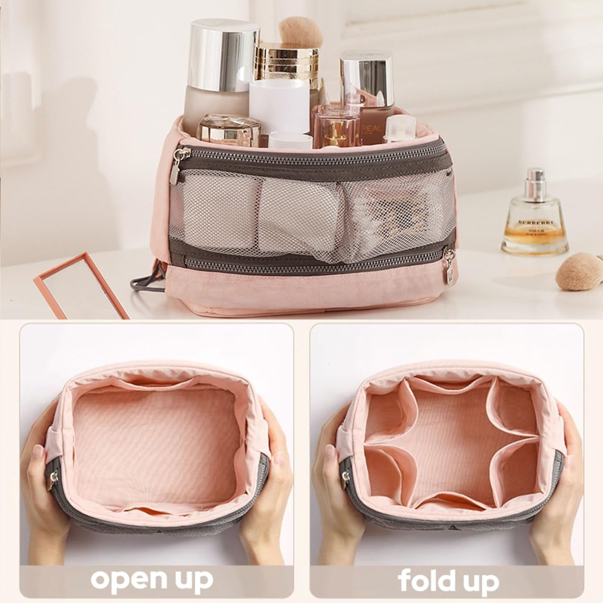 DDPOND Large-Mouth Cosmetic Bag,Portable Toiletry Pouch,Large Capacity Travel Makeup for Purse (Grey) image number 1