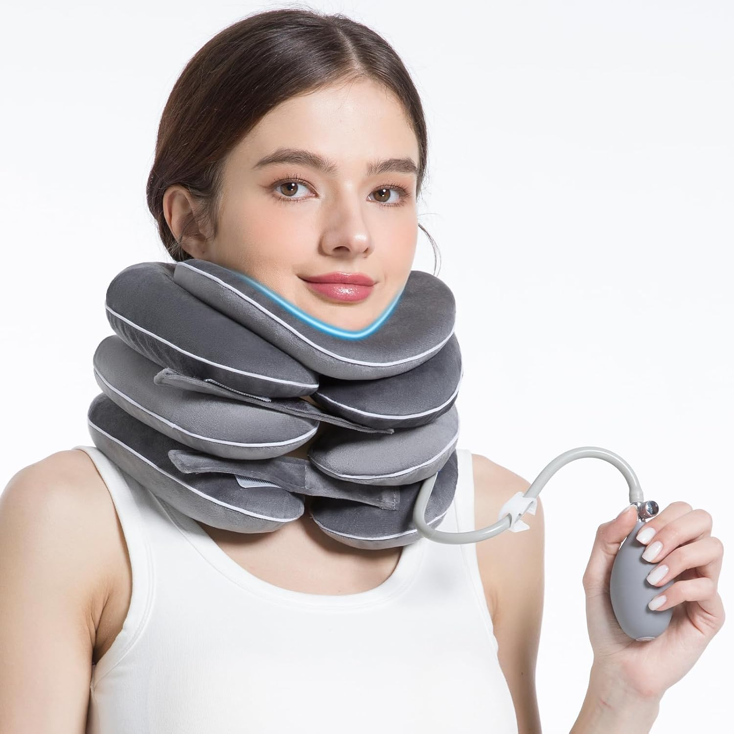RAFSUN Inflatable Neck Stretcher with Brace - Adjustable Cervical Traction Device for Neck Pain Relief, 3-Layer Decompression Pillow, Washable & Breathable, for Men & Women, Grey image number 1