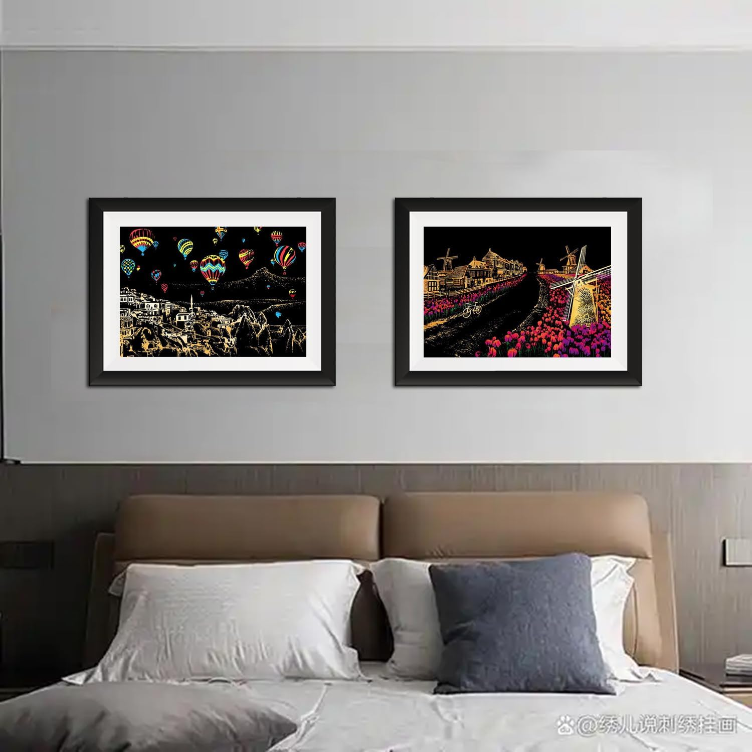 Georgie Porgy Scratch Picture Set DIY Craft Sets for Children Adults Magic Scratch Paper A3 City Scratch Paper for Christmas Birthday Gift with Scratch Tools Kit (A3 Windmill + Hot Air Balloon) - A4 Glow-In-The-Dark Butterfly And Peacock image number 2