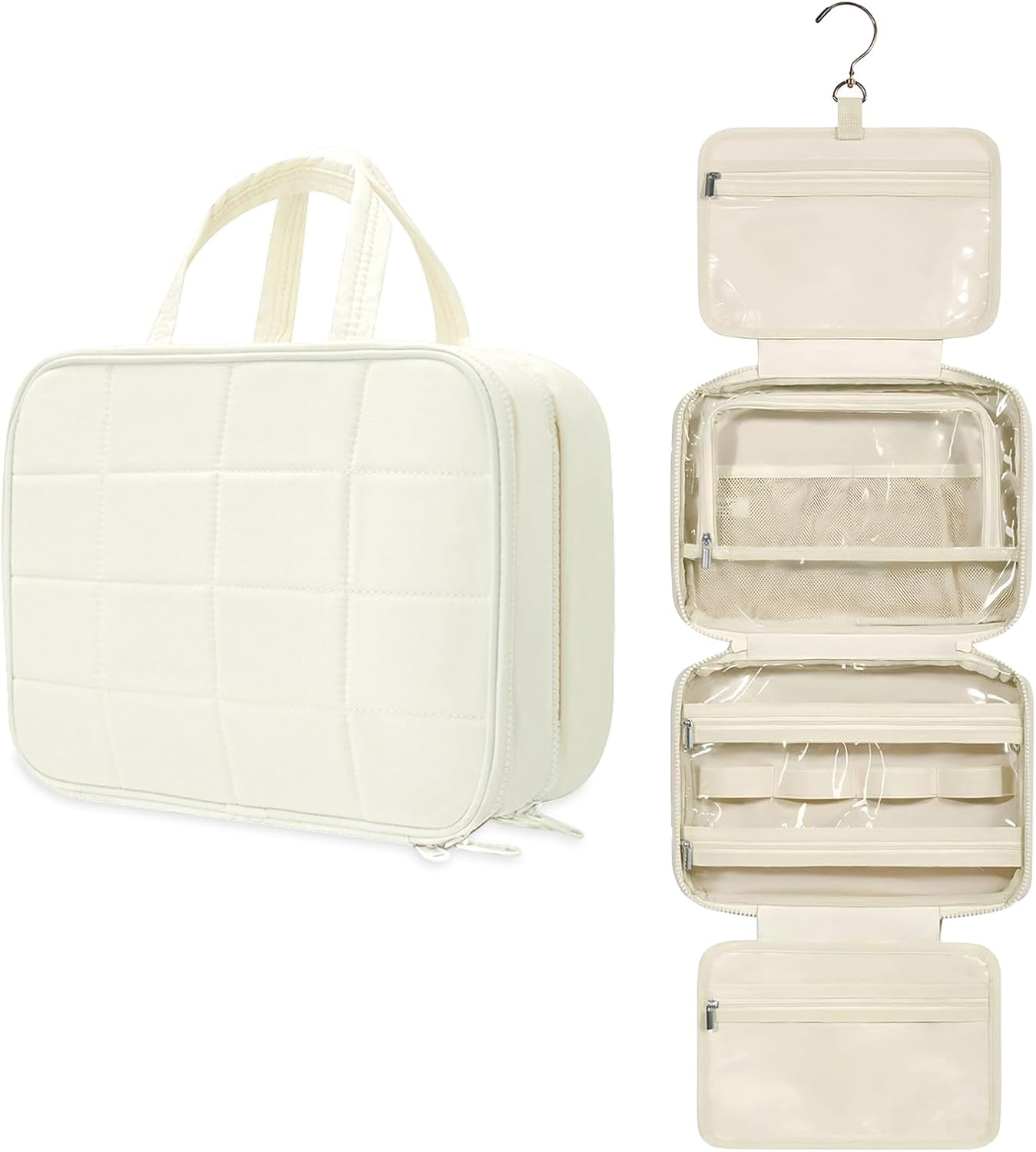 Travel Toiletry Bag for Women, Wide-Open Makeup Pouch,Hanging Toiletry Bag with Hook,Travel Storage Organizer for Skin Care Cosmetics Toiletries Full Sized Container (White)