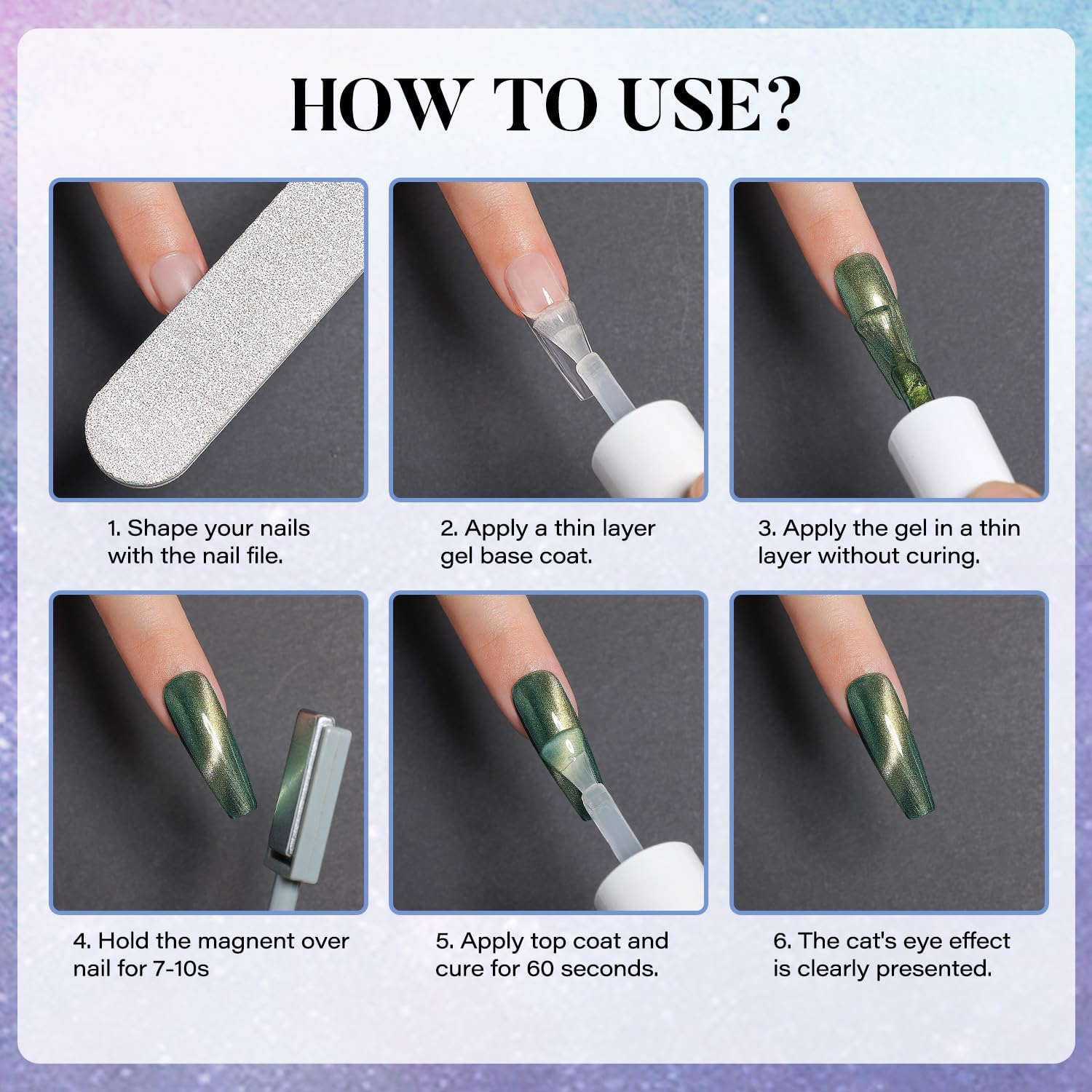 Nicedeco Hema Free Cruelty Free Vegan Cat Eye Gel Nail Polish, High Gloss Long Lasting Soak off LED U V Gel Polish 6 Colors Set 43 - Nset6-43 image number 5