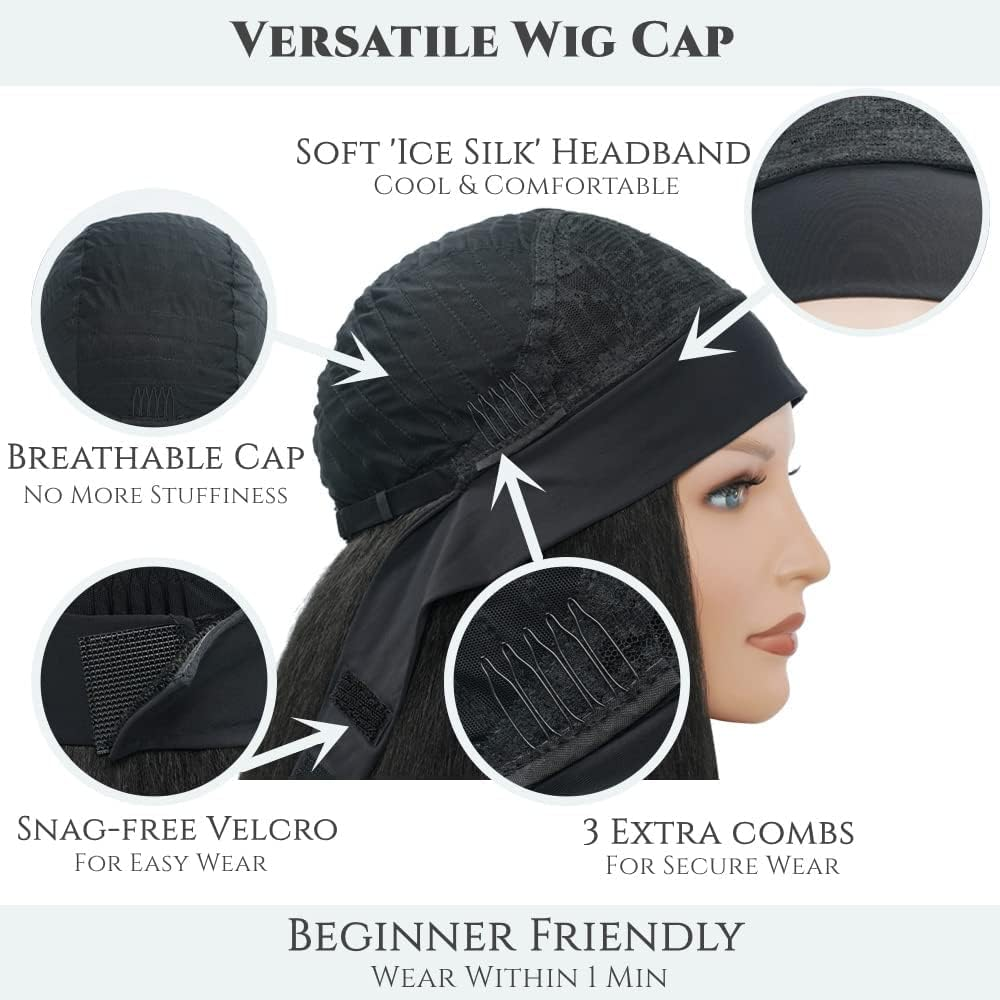 Aminow Kinky Straight Headband Wig, Soft & Natural as Human Hair, Glueless Headband Wigs for Black Women, Long Black Italian Yaki Synthetic Half Wig (1B Natural Black, 16 Inches) image number 1