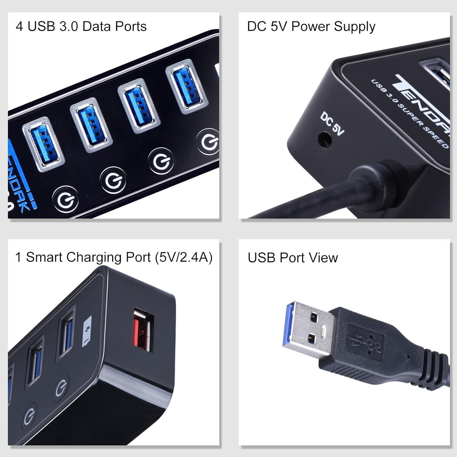 Tendak USB 3.0 Hub with 4 USB 3.0 Data Ports + 1 USB Smart Charging Port and Power Supply Adapter with Individual On/Off Port Switches image number 6