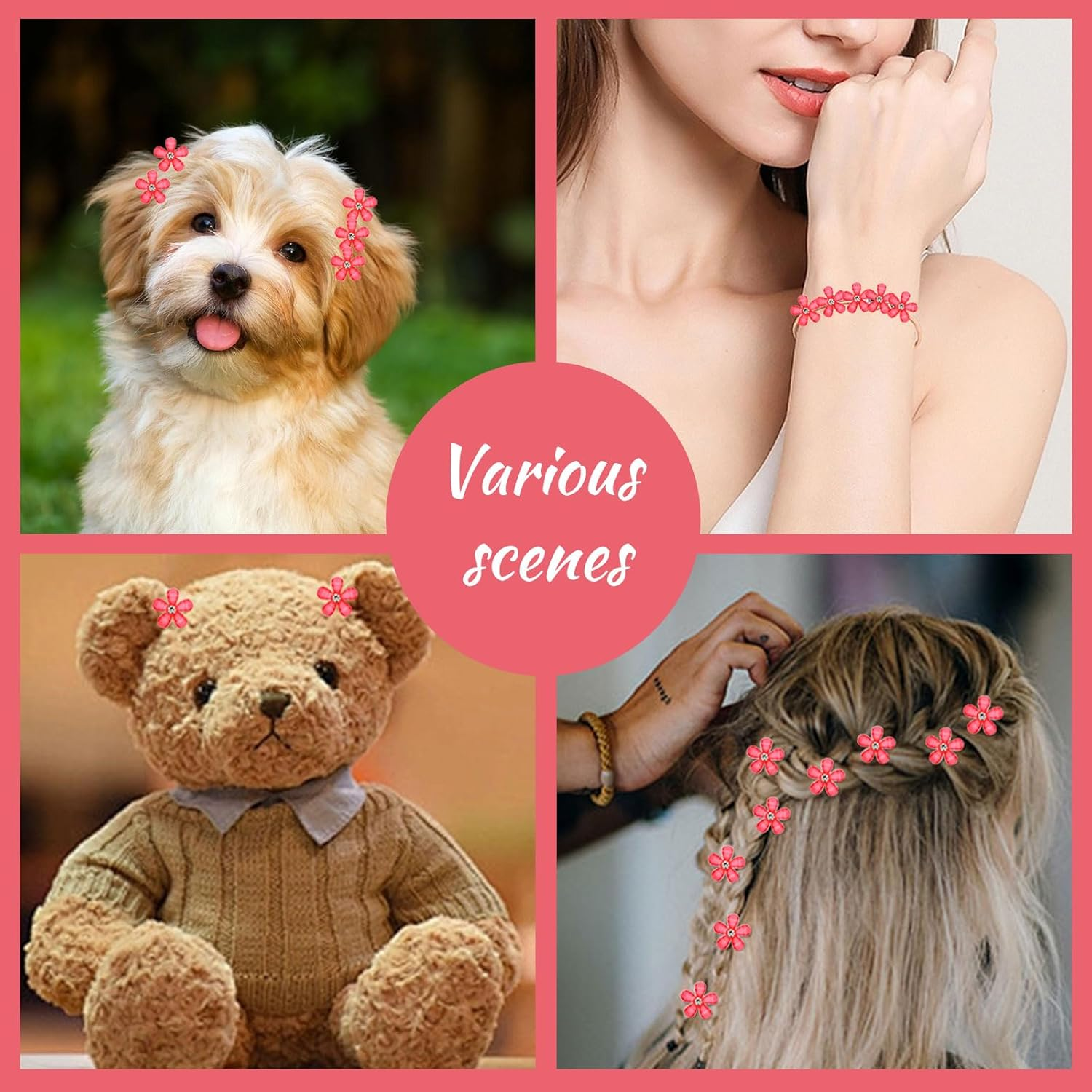 Mezrkuwr 10Pcs Red Mini Flower Hair Clips with Rhinestones, Cute Hair Clips, Flower Hair Pins, Decorative Hair Clips, Wedding Hair Clips, Flower Hair Accessories image number 6