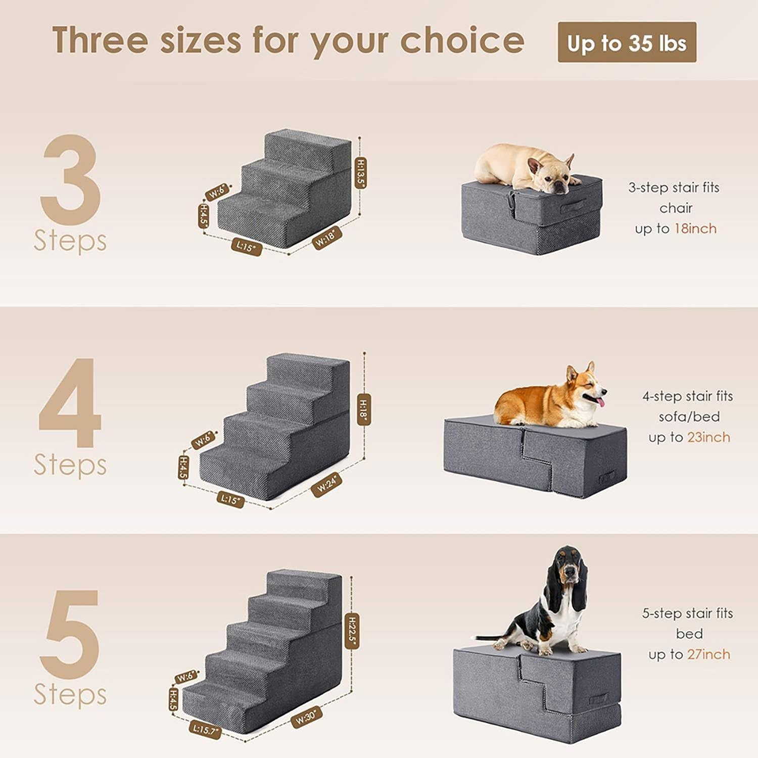 Dog Stairs for High Bed 23&rdquo;H, 45.7Cm Height 4-Step Pet Dog Steps for Small Dogs and Cats, Pet Stairs for High Bed Climbing, Non-Slip Balanced Pet Step Indoor, Removable & Washable Cover, Grey image number 1