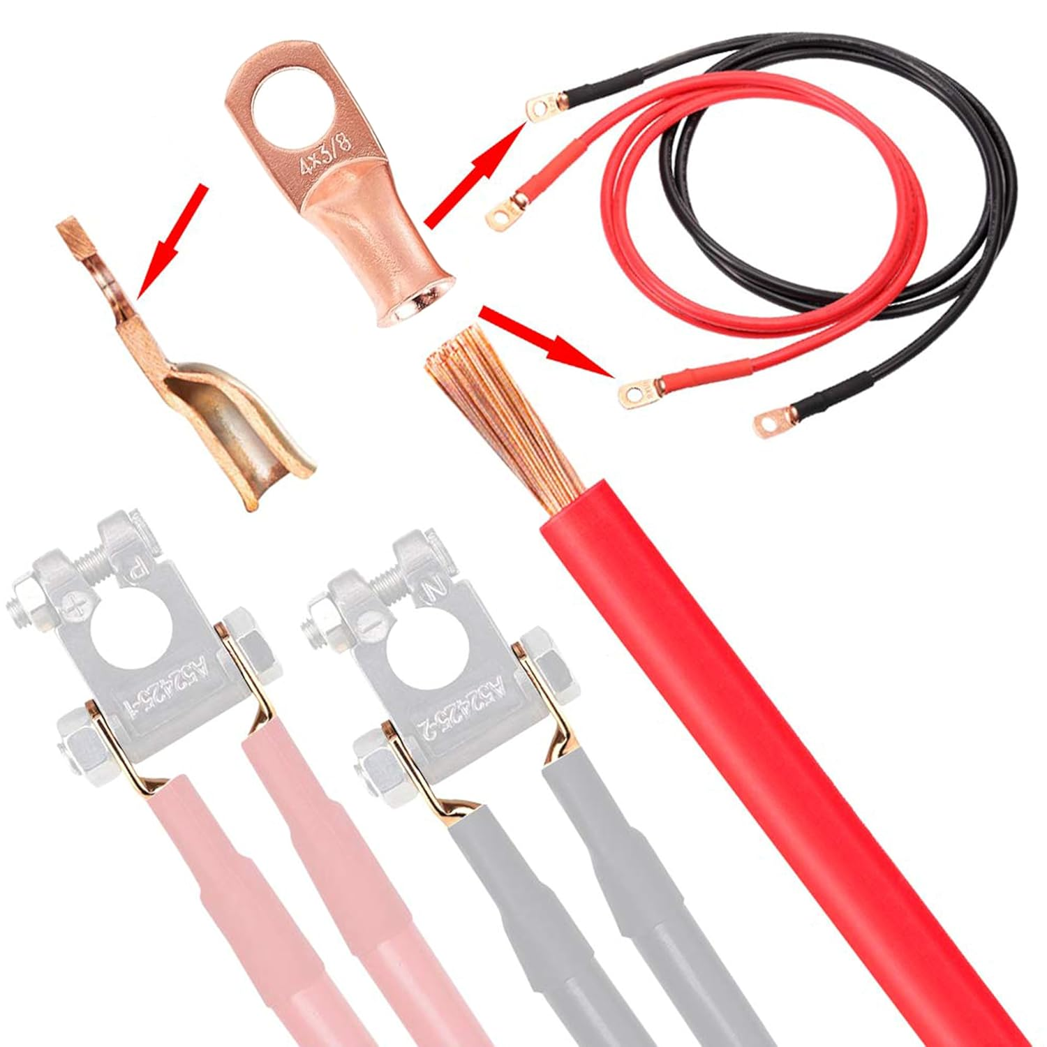 Copper Ring Terminal Connectors, 8 Pieces, 4 AWG 3/8 Inch, Battery Cable Lugs, Electrical Wire Crimping Kit image number 2